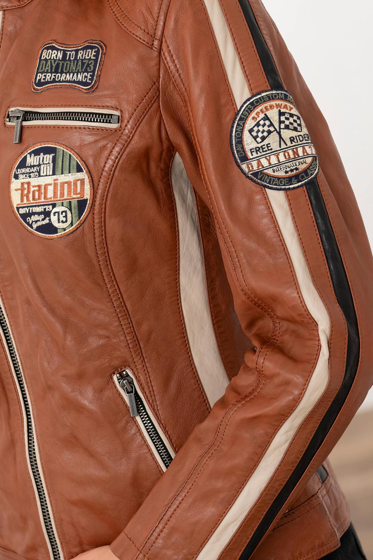 Cognac racing leather jacket with patches - Image n°2