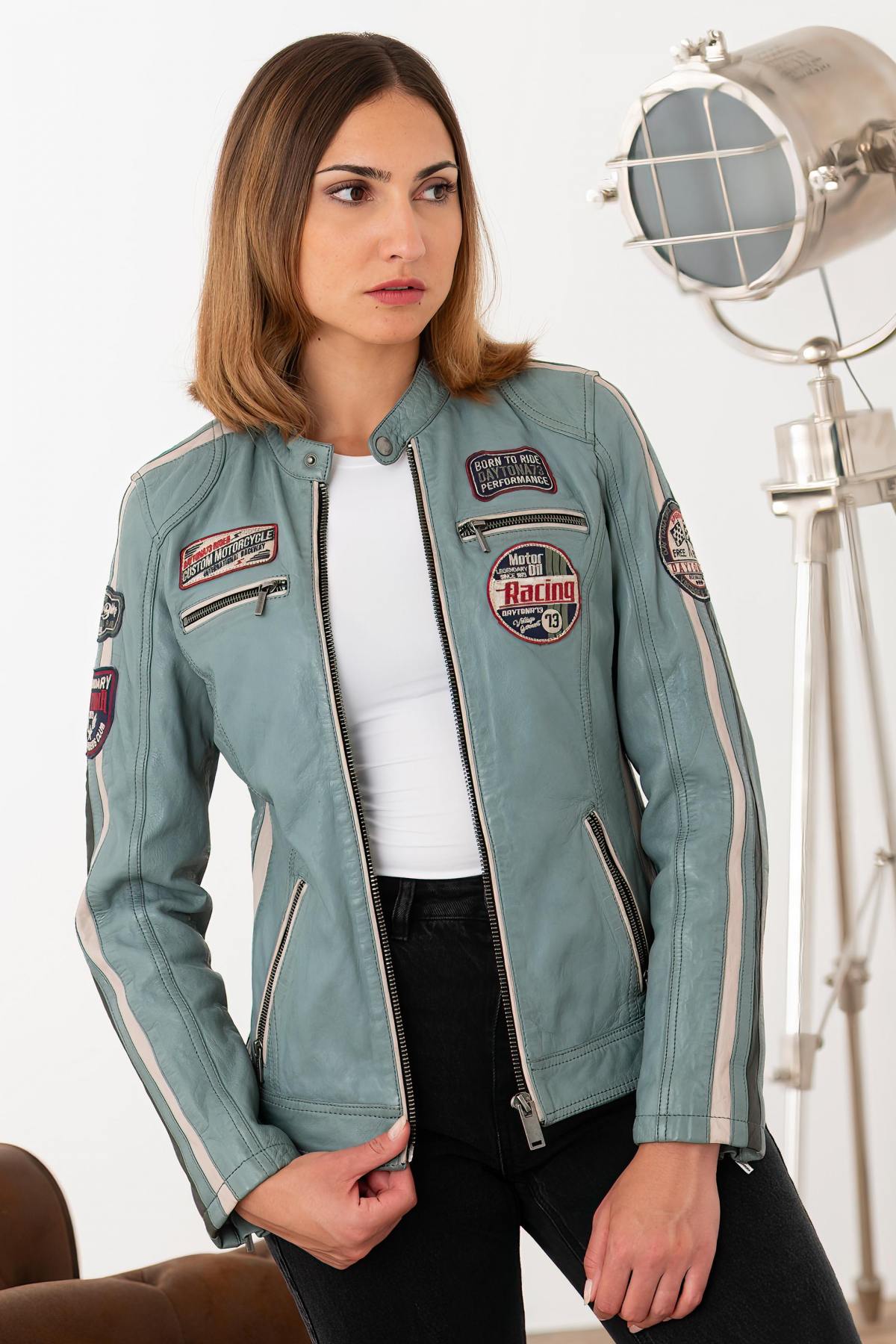 Blue racing leather jacket with patches - Image n°1