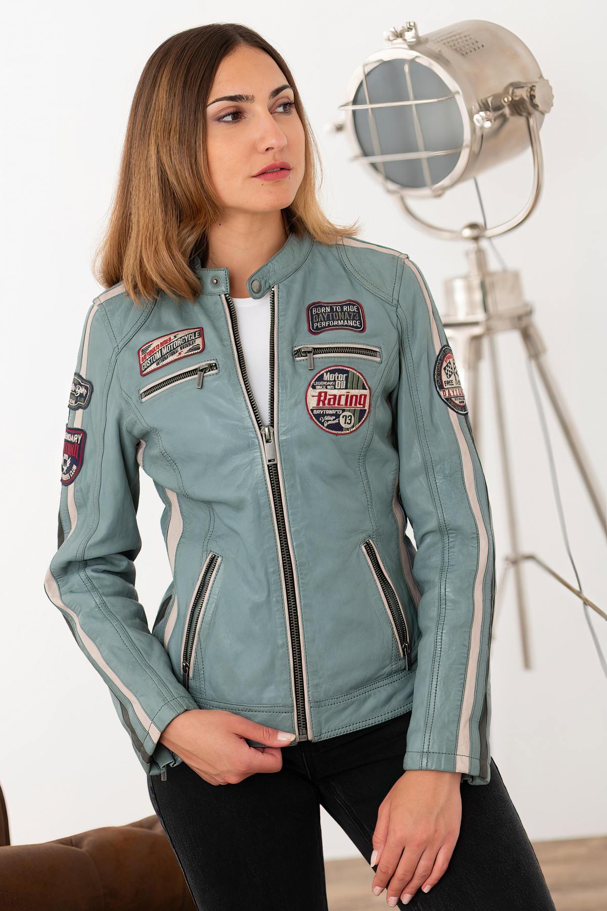 Blue racing leather jacket with patches - Image n°6