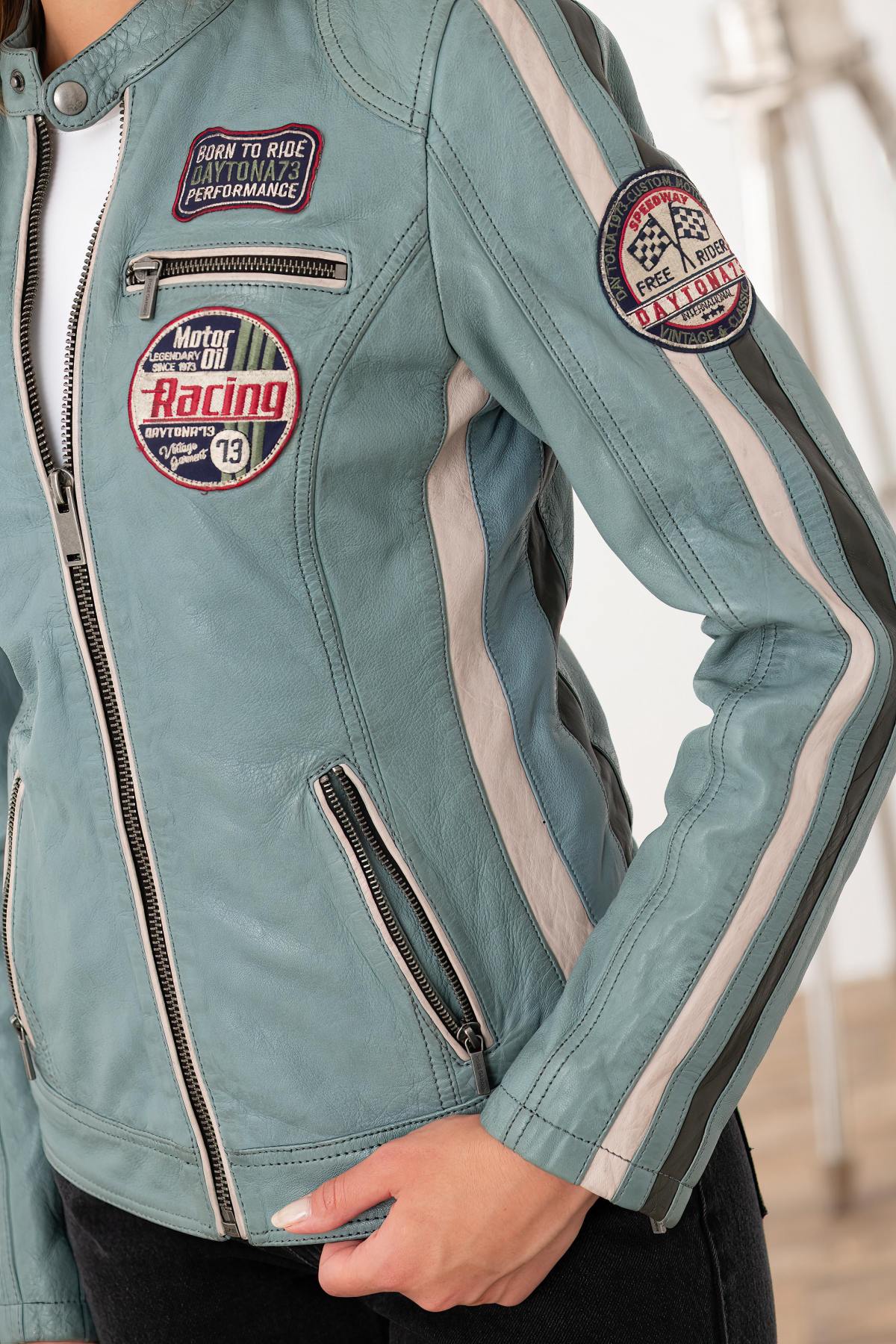 Blue racing leather jacket with patches - Image n°3