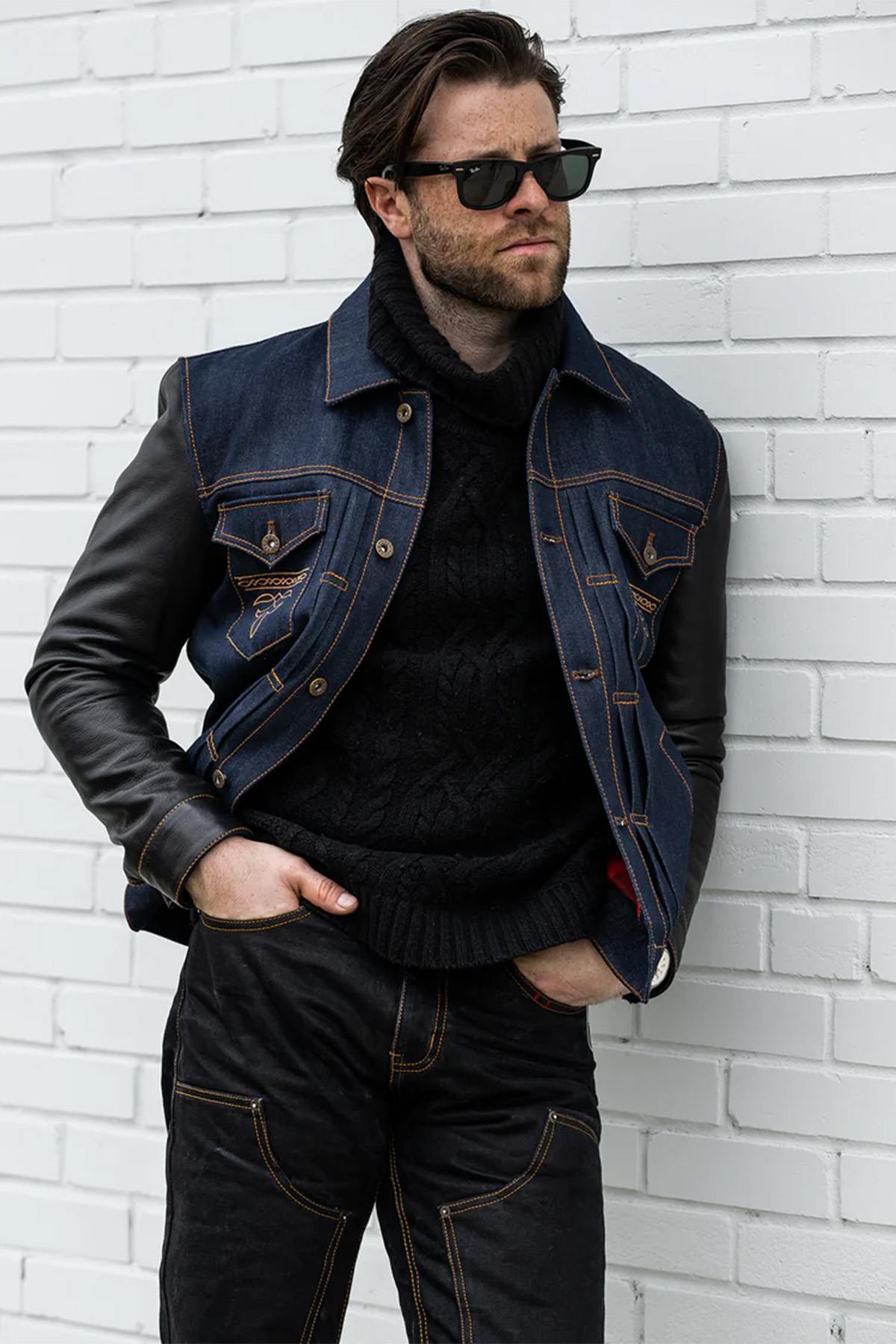 Retro denim and cowhide leather jacket - Image n°4