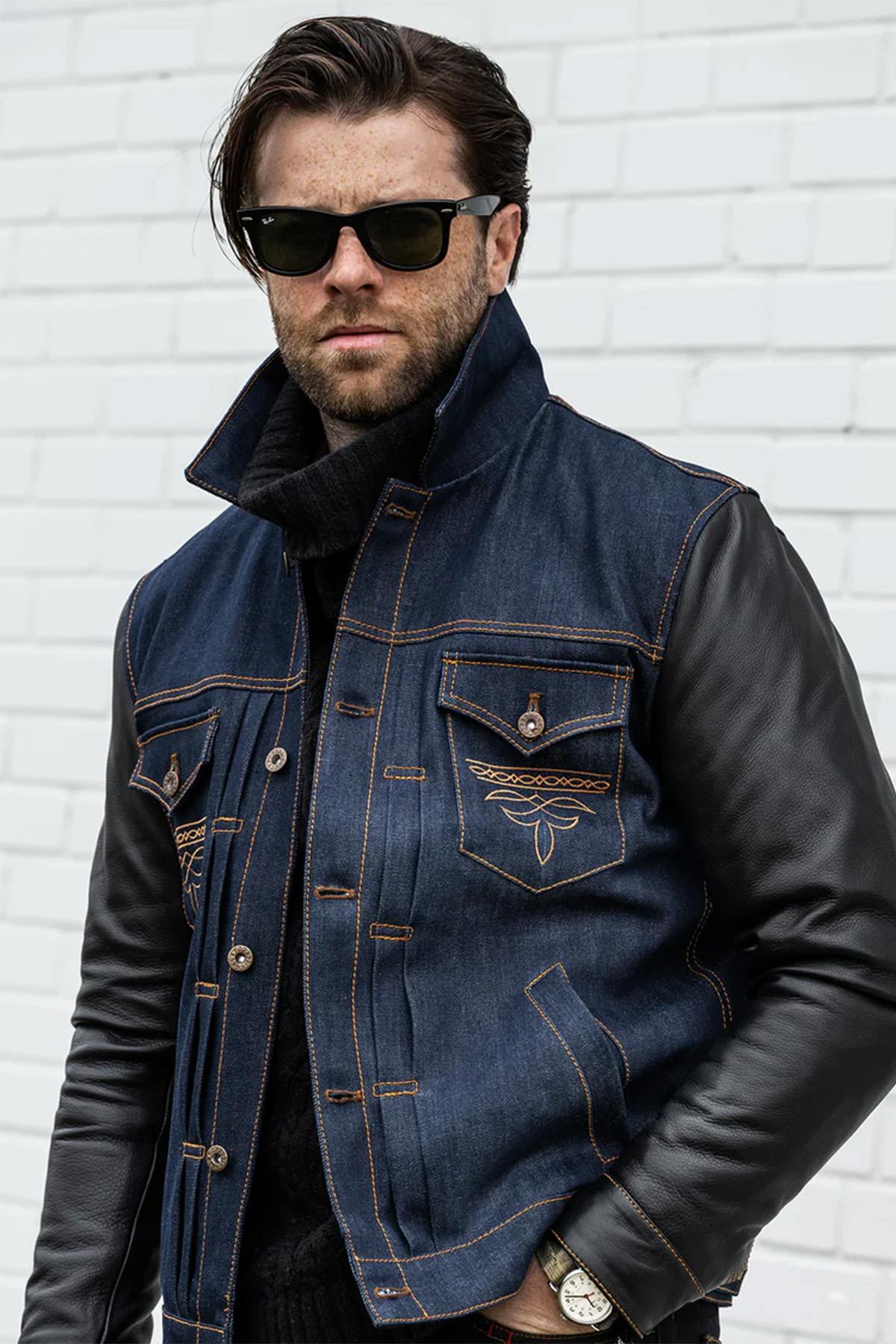 Retro denim and cowhide leather jacket - Image n°1