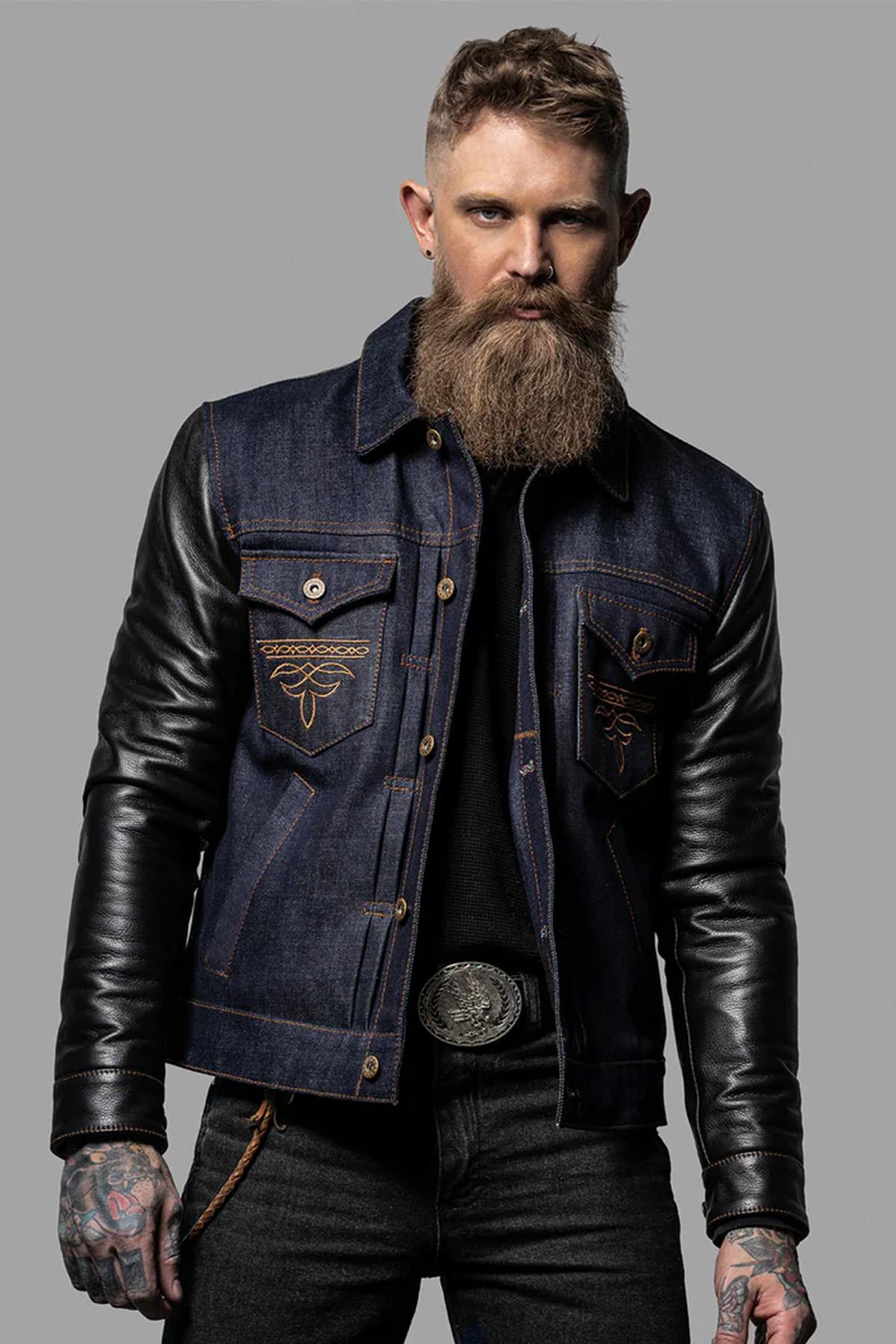 Retro denim and cowhide leather jacket - Image n°5