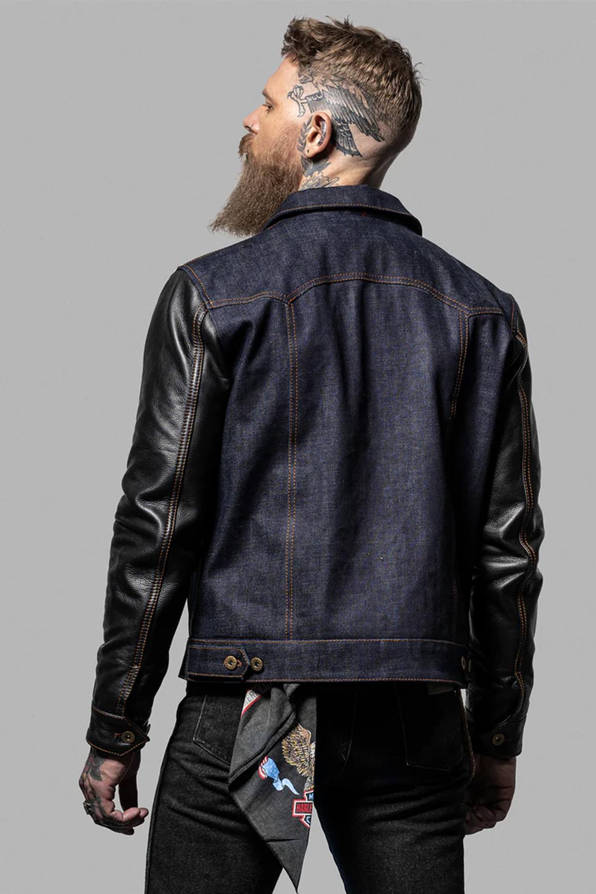 Retro denim and cowhide leather jacket - Image n°3