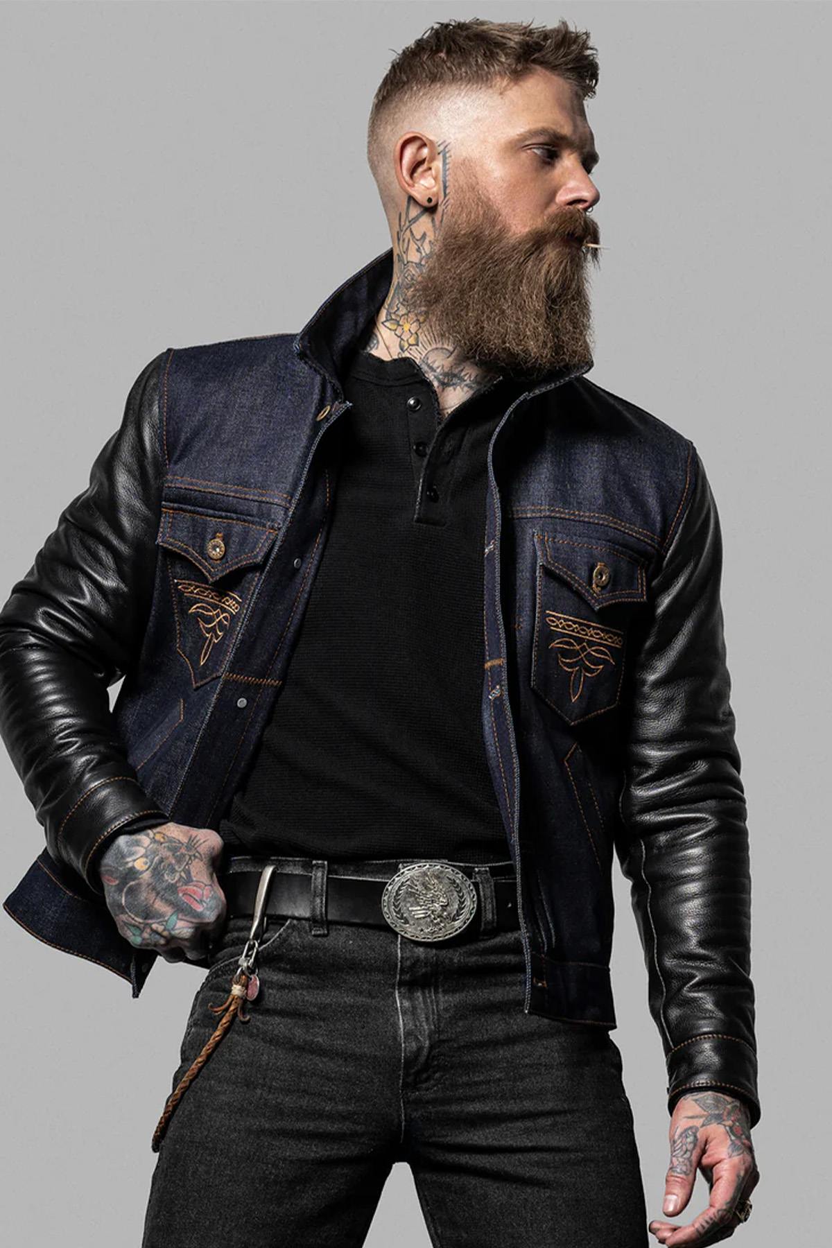 Retro denim and cowhide leather jacket - Image n°2