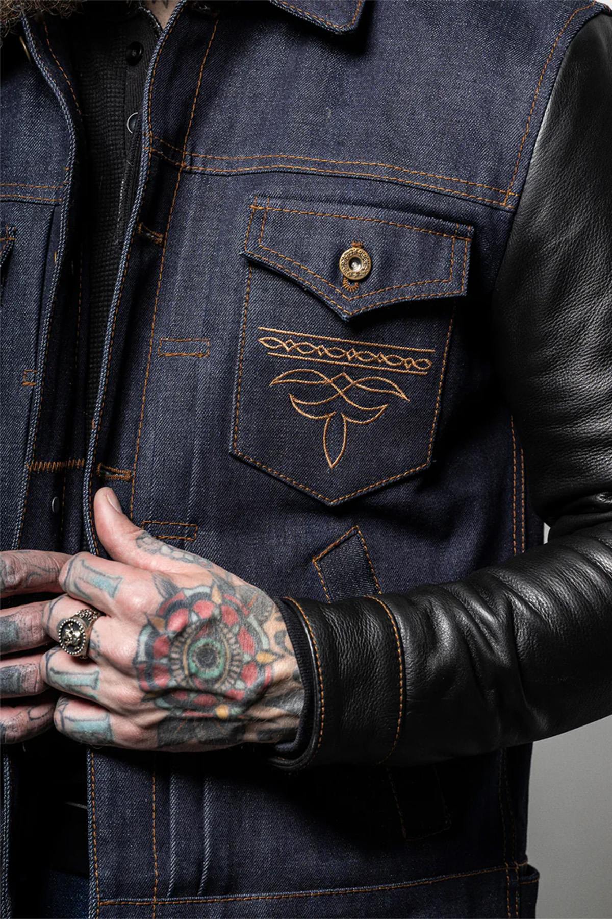 Retro denim and cowhide leather jacket - Image n°6