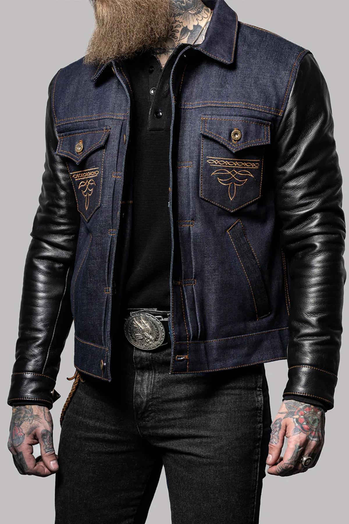 Retro denim and cowhide leather jacket - Image n°8