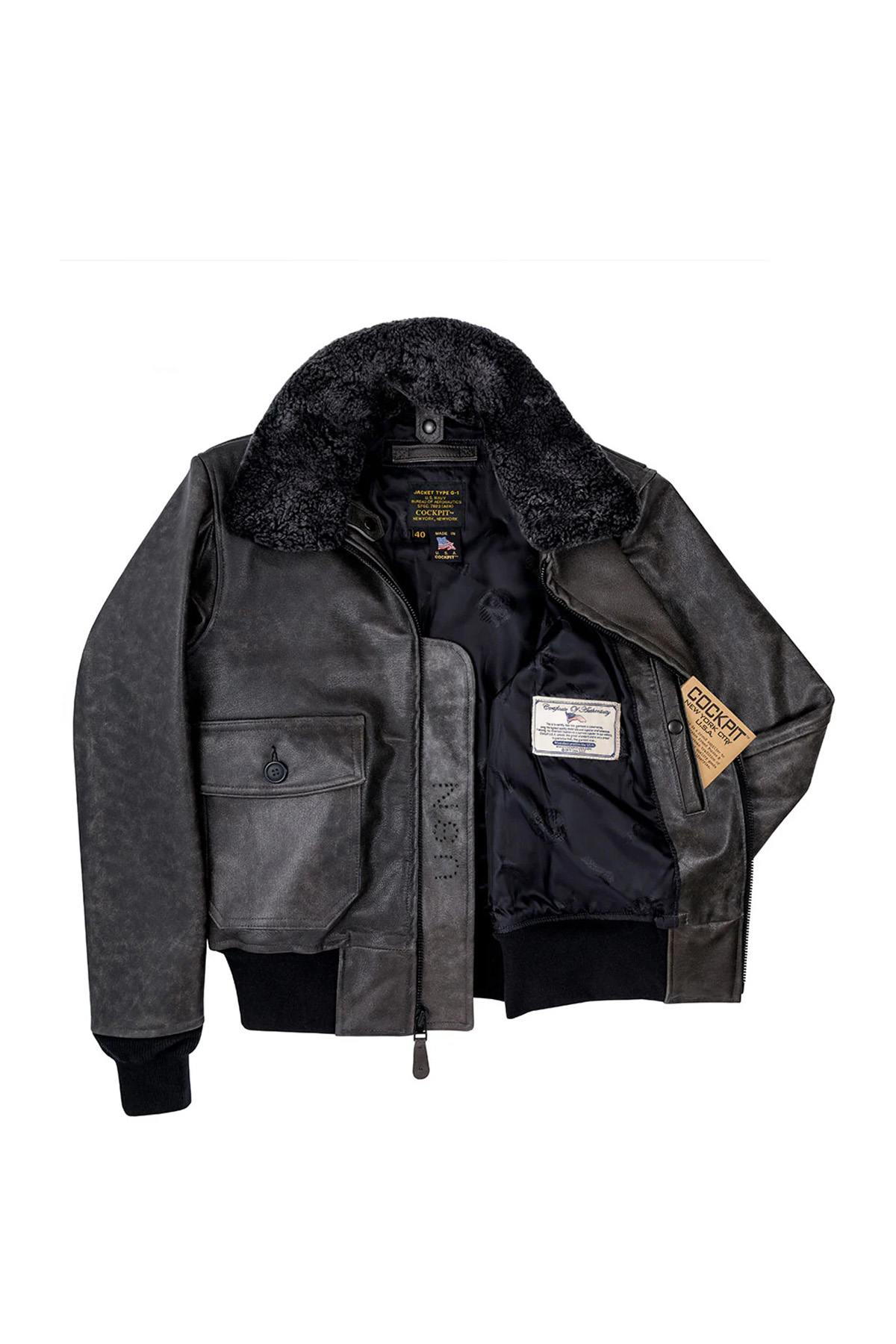 Aged leather aviator jacket with fur collar - Image n°5