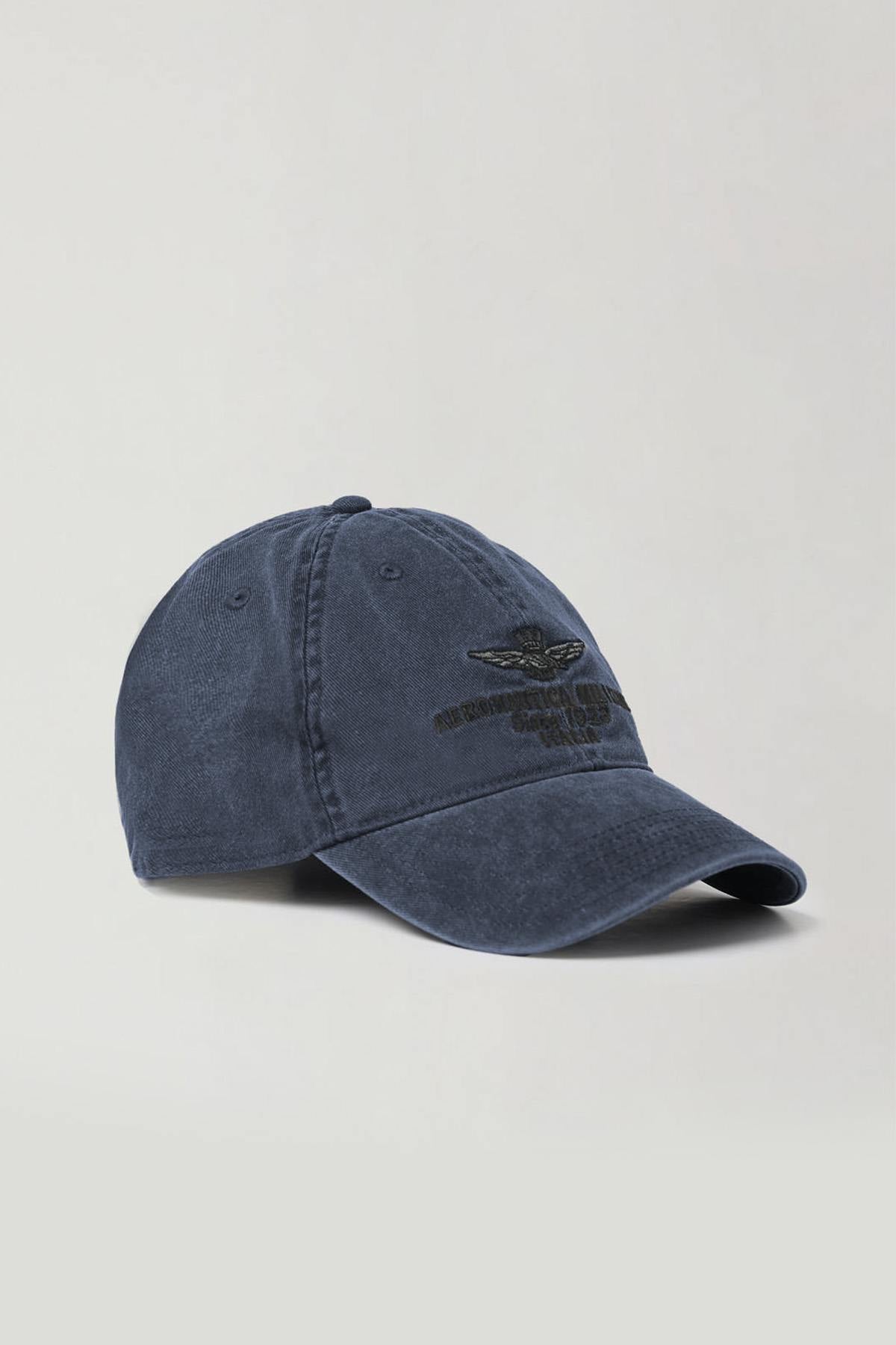 Navy blue cotton cap with denim effect - Image n°1