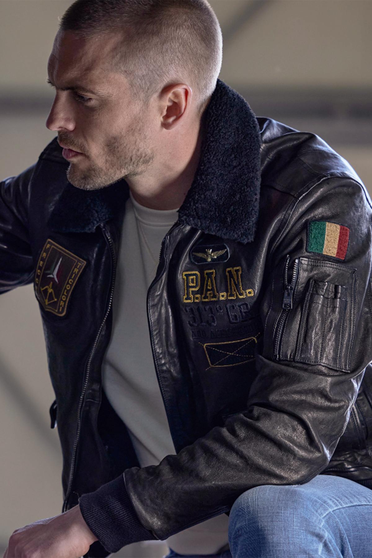 Aviation embroidered leather bomber jacket - Image n°11