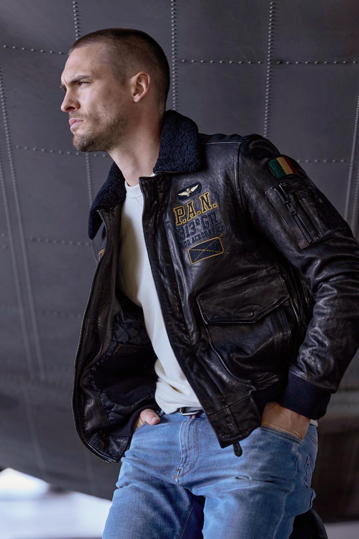 Aviation embroidered leather bomber jacket - Image n°1