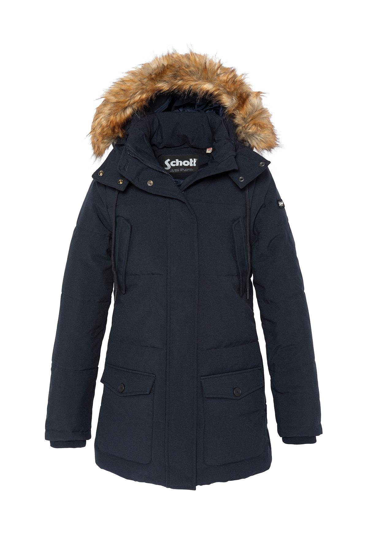 Navy blue long parka with removable hood - Image n°1