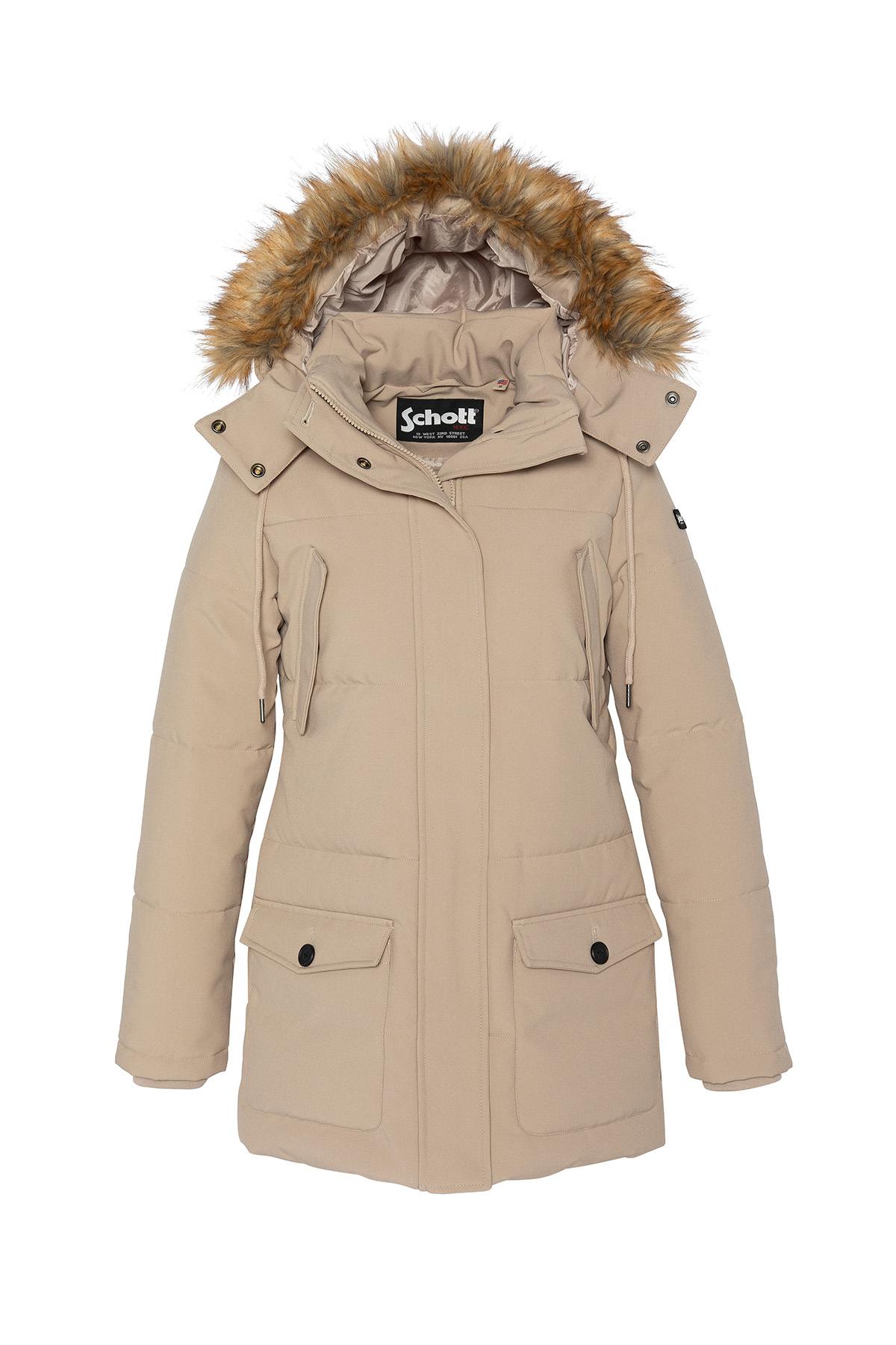 Long parka with removable beige hood - Image n°1