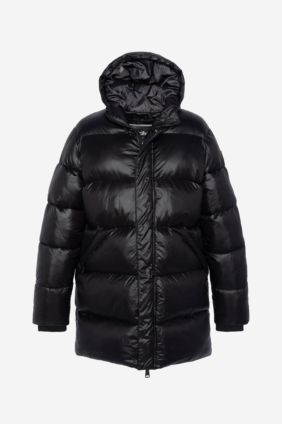 Black long quilted down jacket with hood - Image n°7