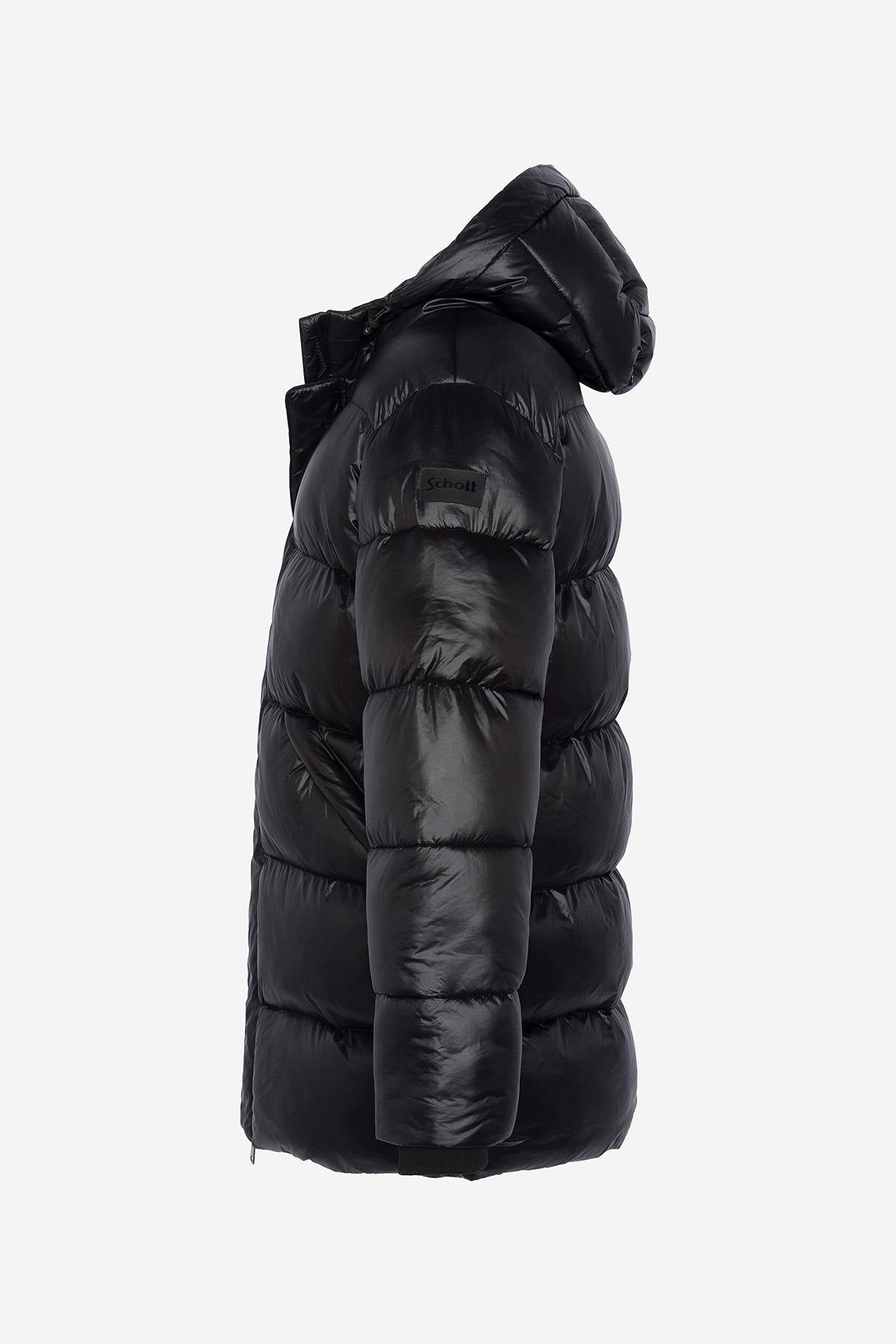 Black long quilted down jacket with hood - Image n°8