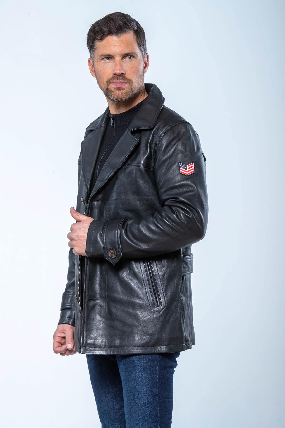 Black leather shirt collar mid-length jacket - Image n°2