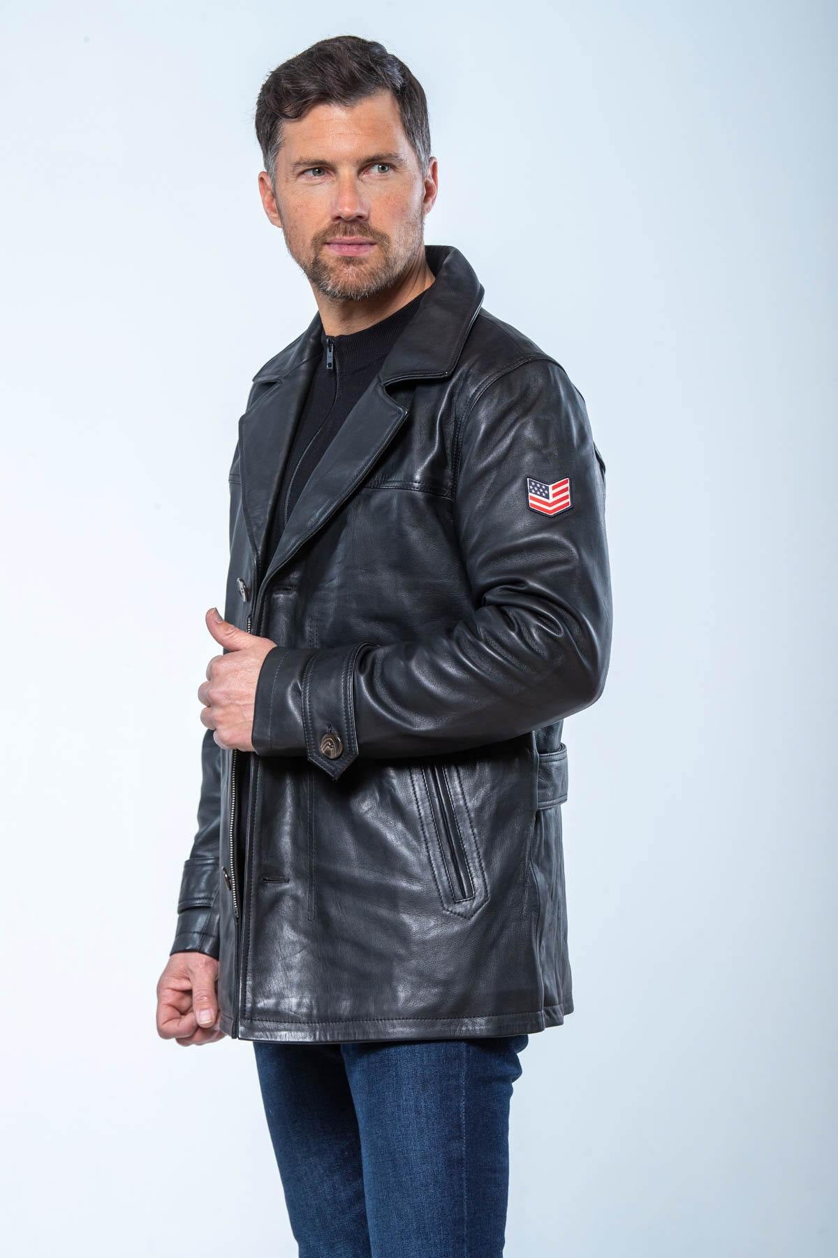 Black leather shirt collar mid-length jacket - Image n°3