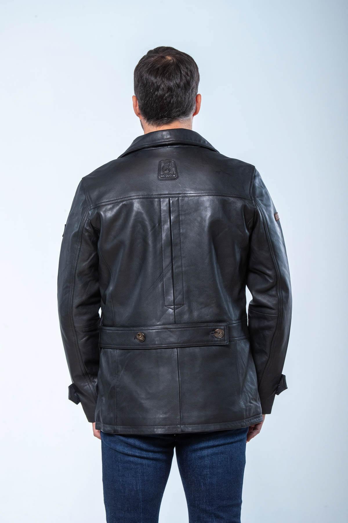 Black leather shirt collar mid-length jacket - Image n°3