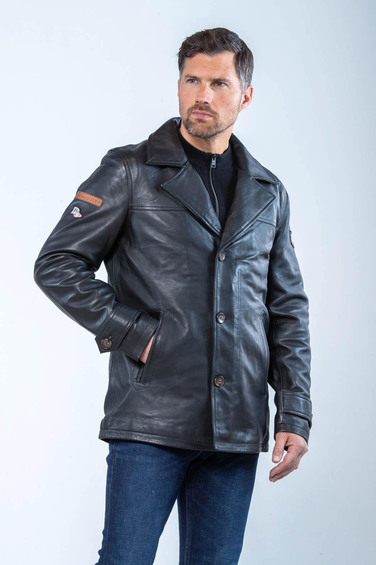 Black leather shirt collar mid-length jacket - Image n°1