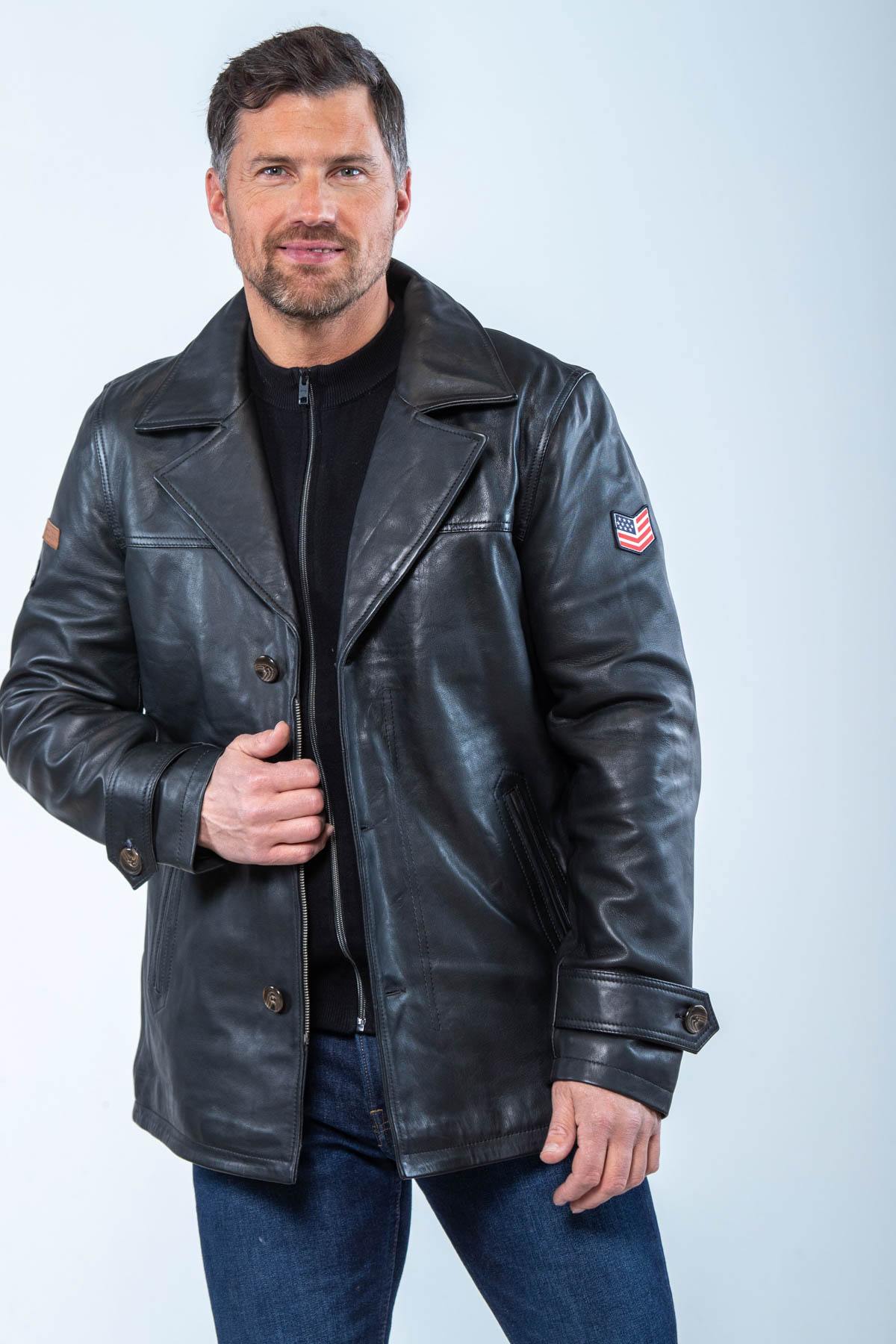 Black leather shirt collar mid-length jacket - Image n°4