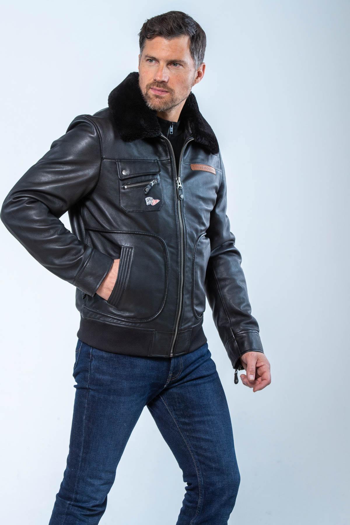 Steve McQueen black leather jacket with fur collar - Image n°2