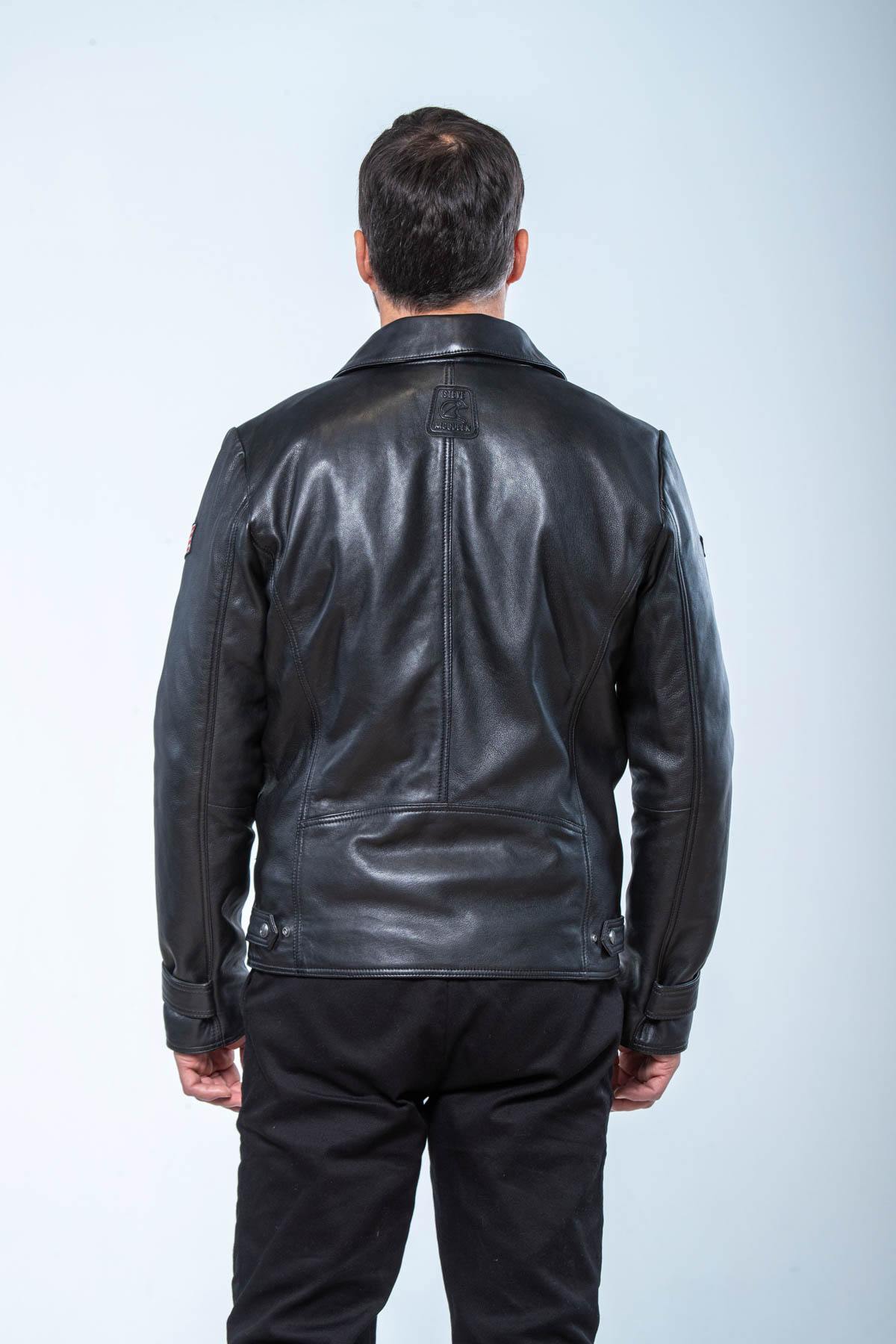 Steve McQueen black leather jacket with shirt collar - Image n°2