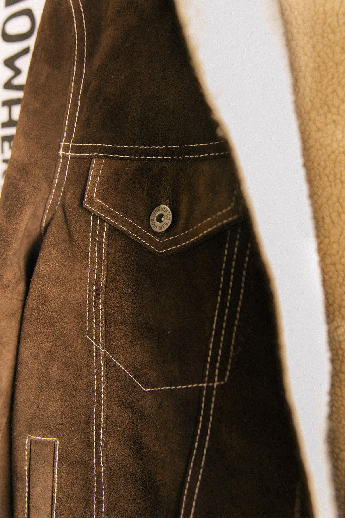 Cognac suede leather jacket with sherpa fleece lining - Image n°7