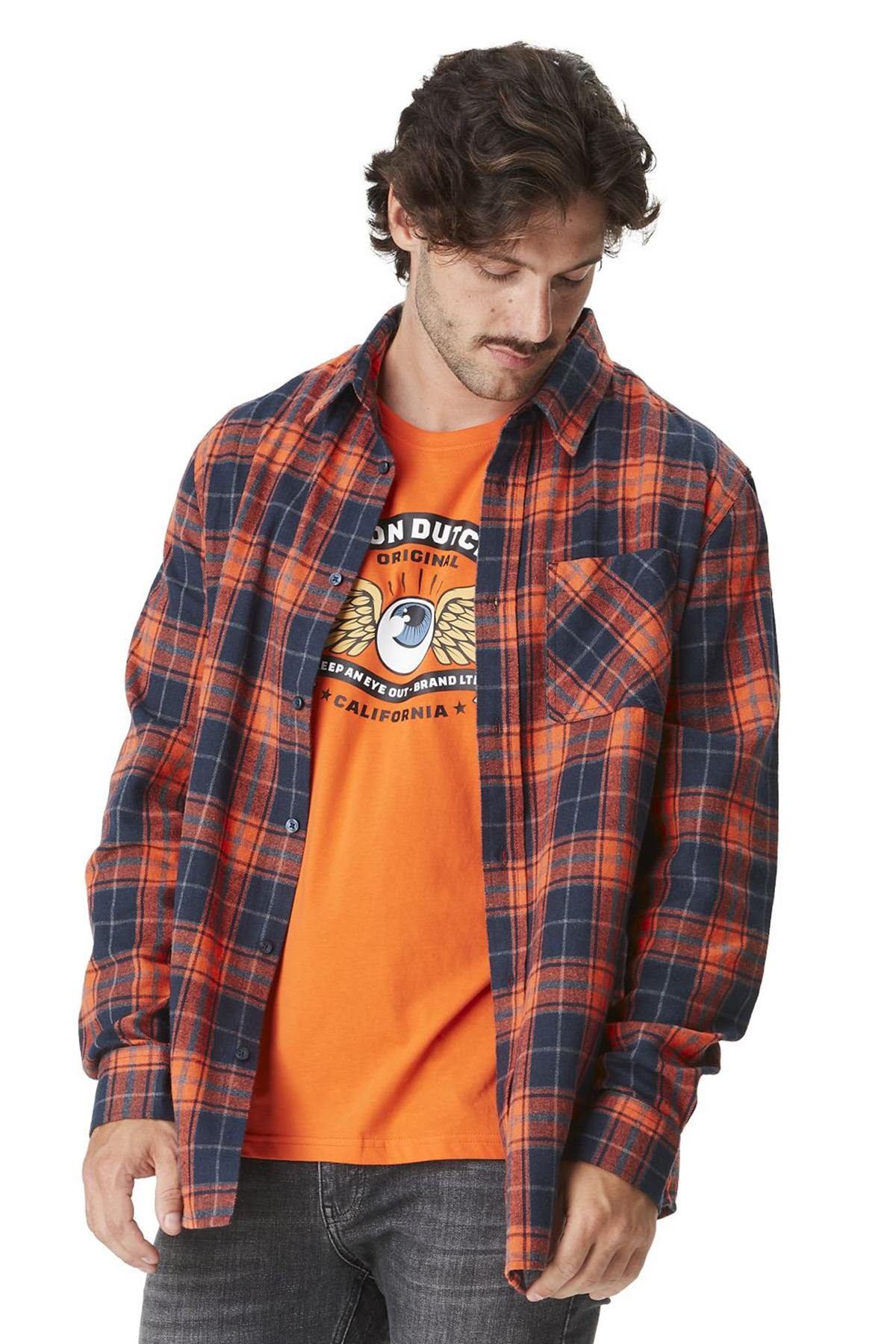 Orange and blue plaid flannel shirt with back embroidery - Image n°1