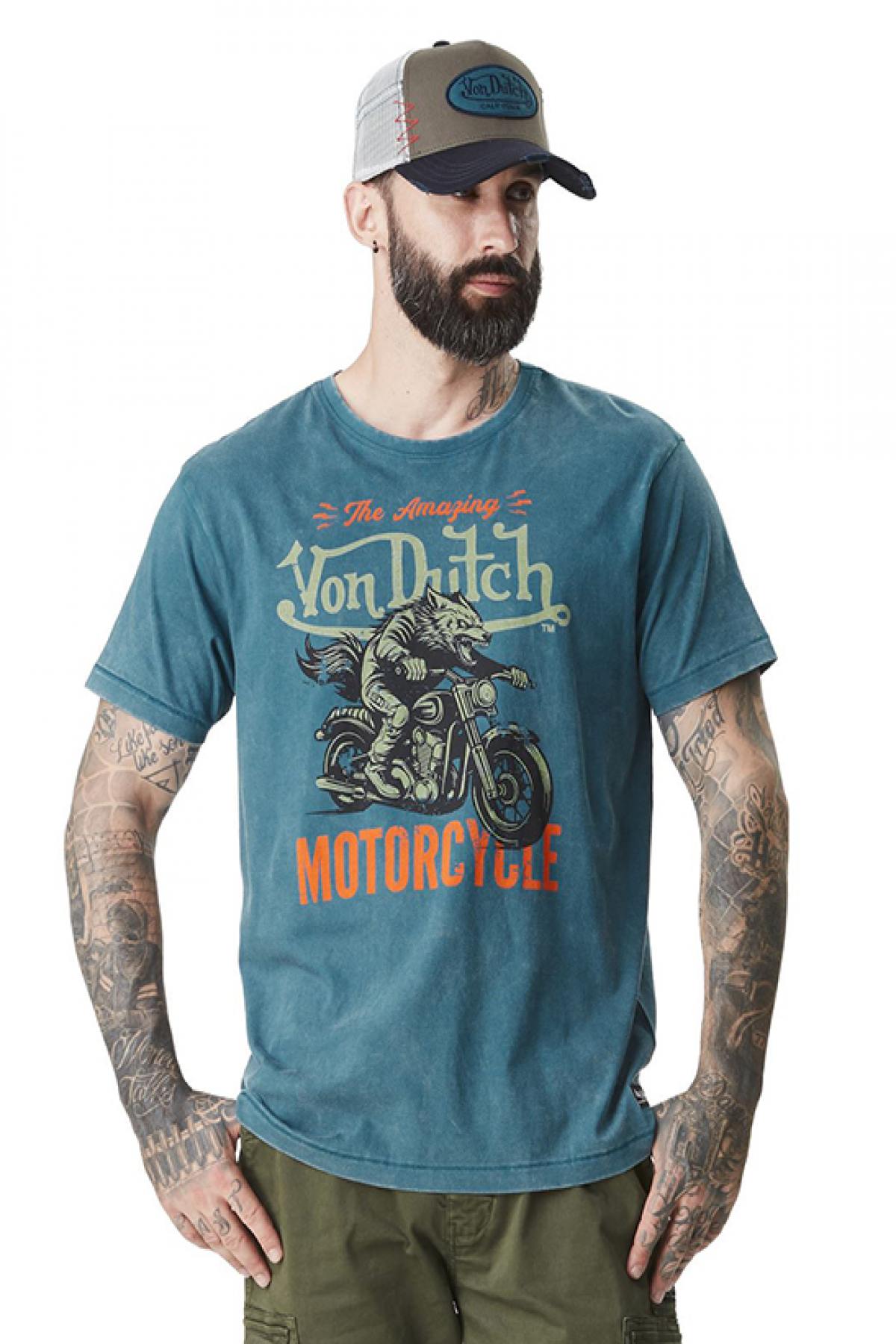 Blue t-shirt with biker illustration - Image n°1