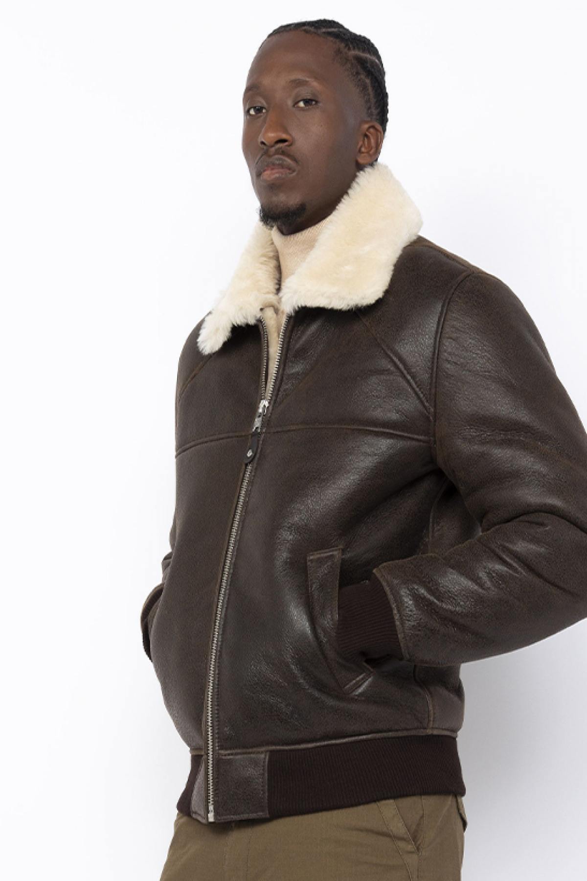 Brown Shearling Bomber Jacket - Image n°2