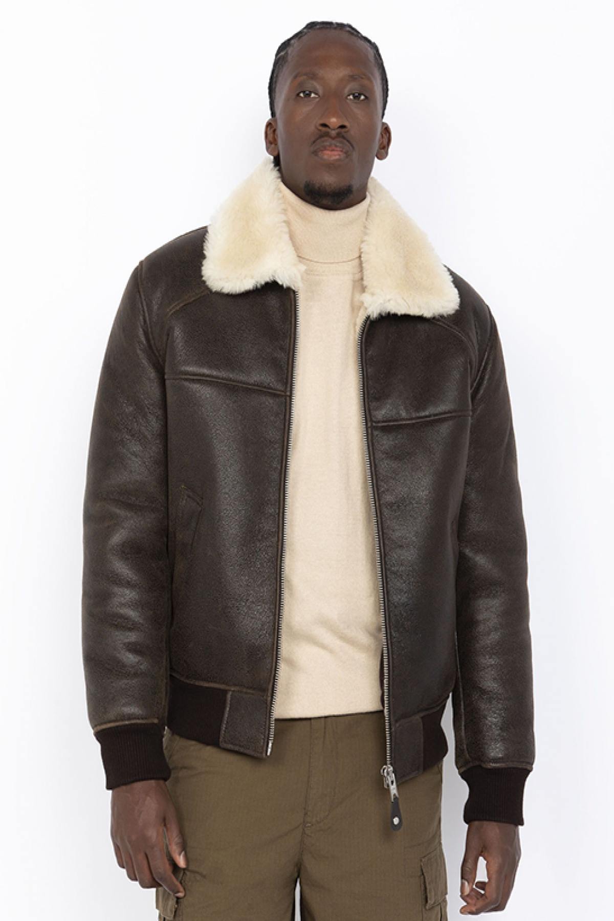 Brown Shearling Bomber Jacket - Image n°1