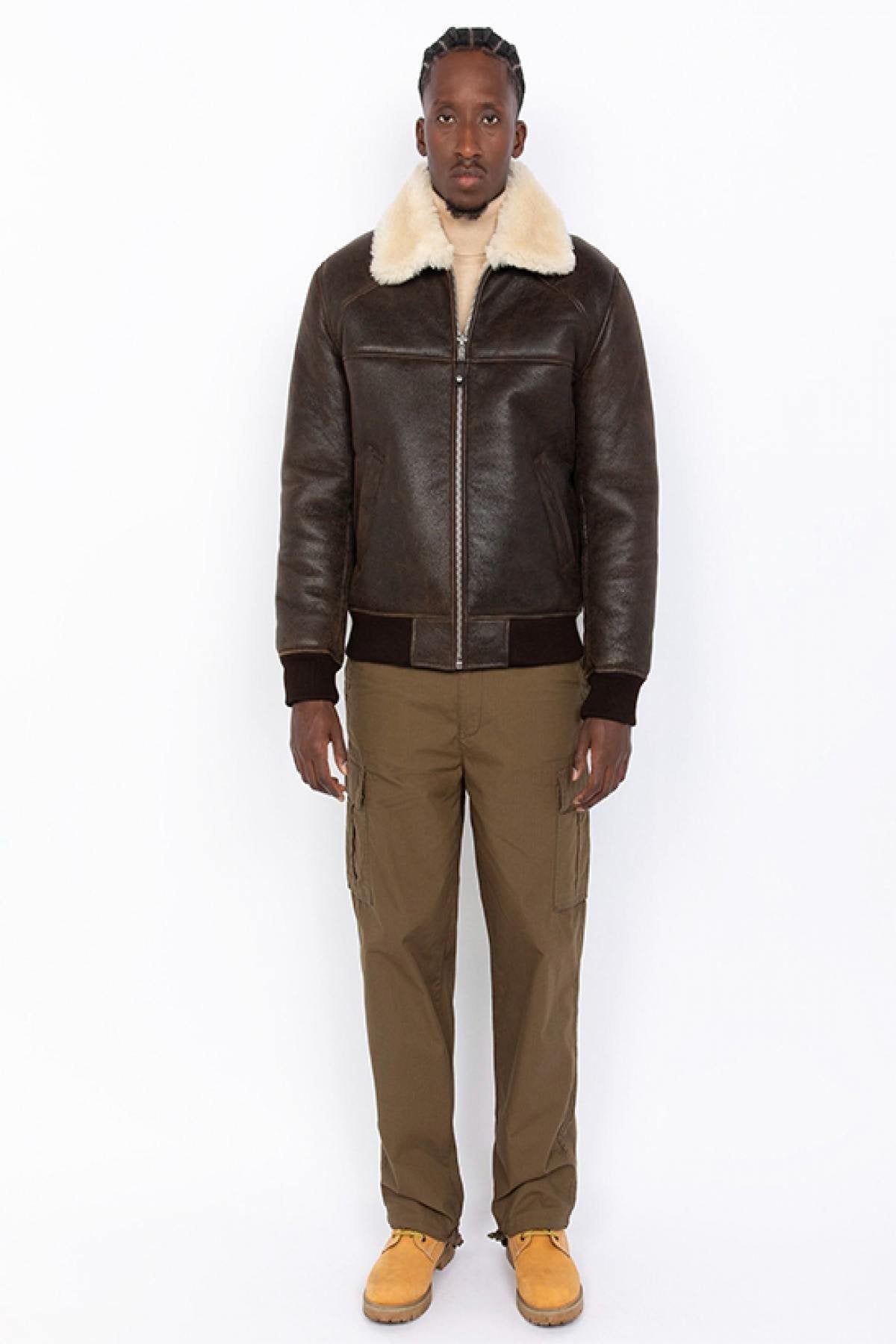 Brown Shearling Bomber Jacket - Image n°7