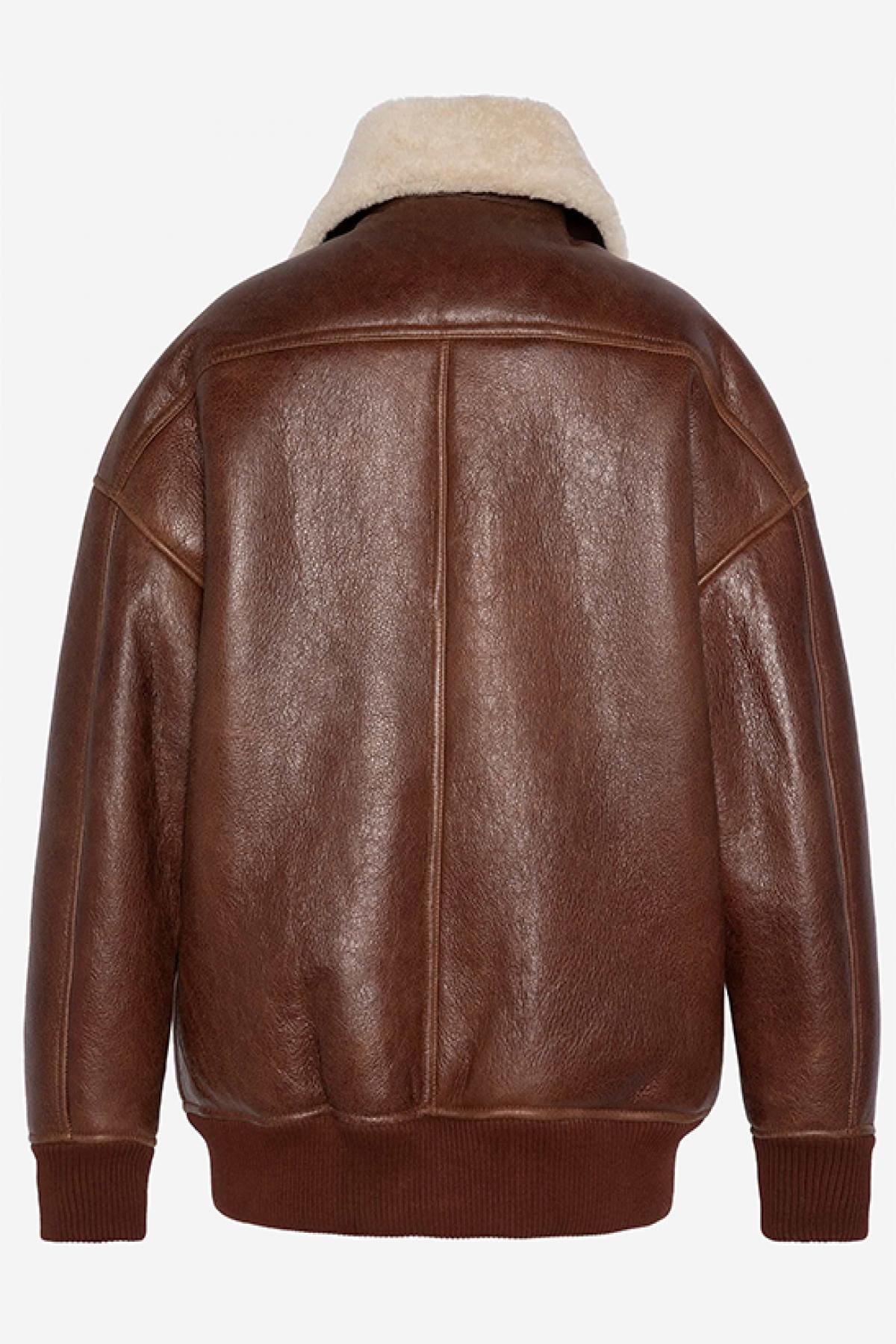 Double-faced sheepskin mocca bomber with ribbed edges - Image n°8