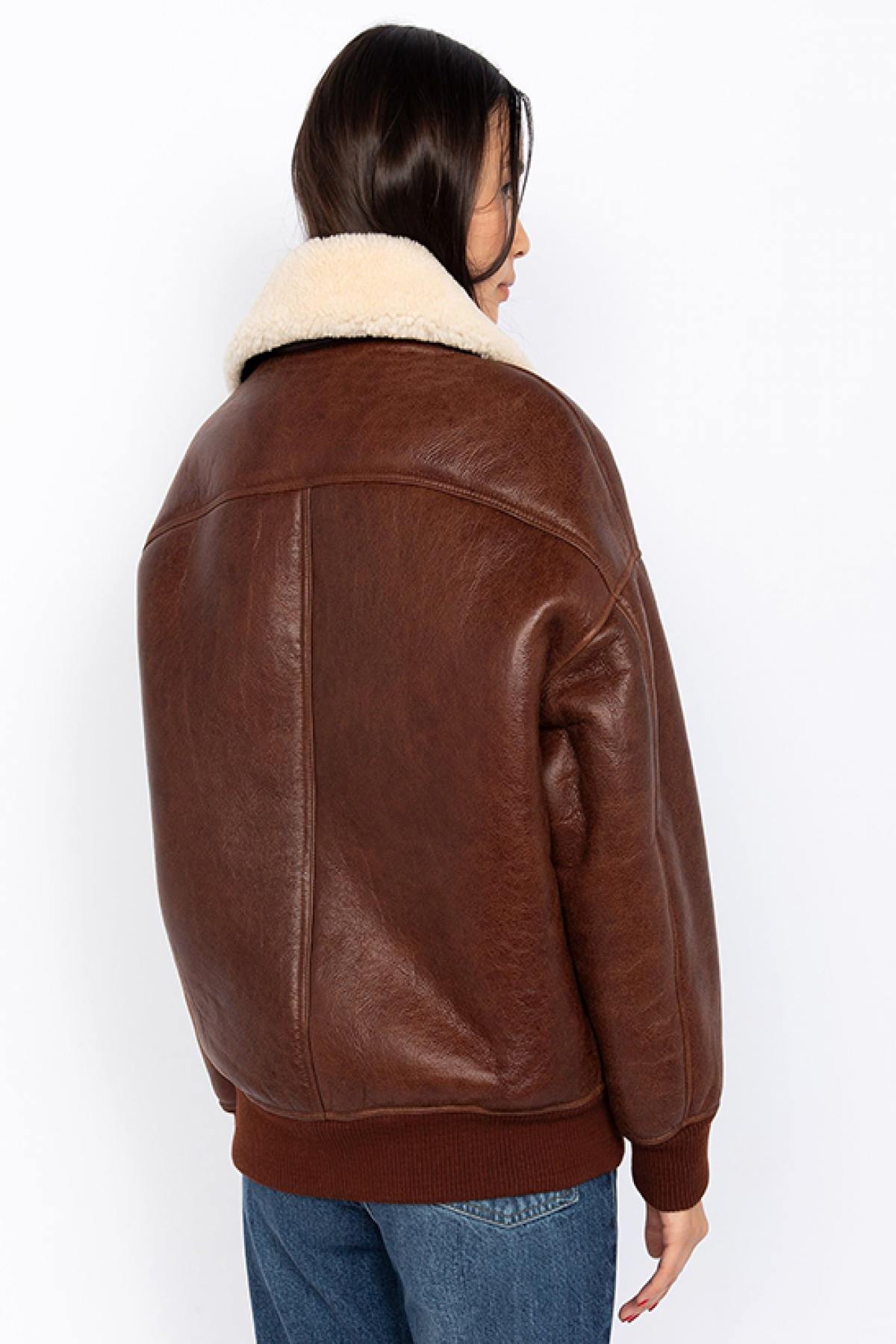 Double-faced sheepskin mocca bomber with ribbed edges - Image n°3