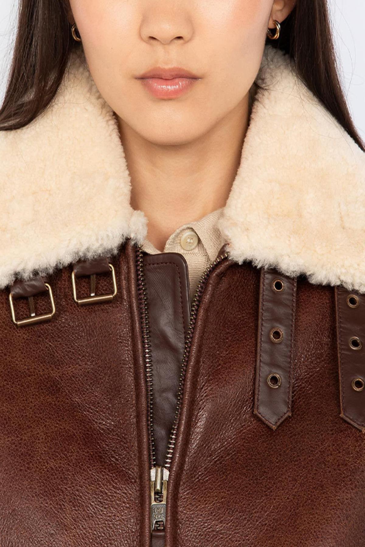 Double-faced sheepskin mocca bomber with ribbed edges - Image n°4