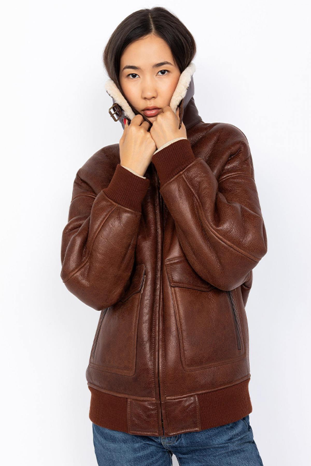 Double-faced sheepskin mocca bomber with ribbed edges - Image n°2