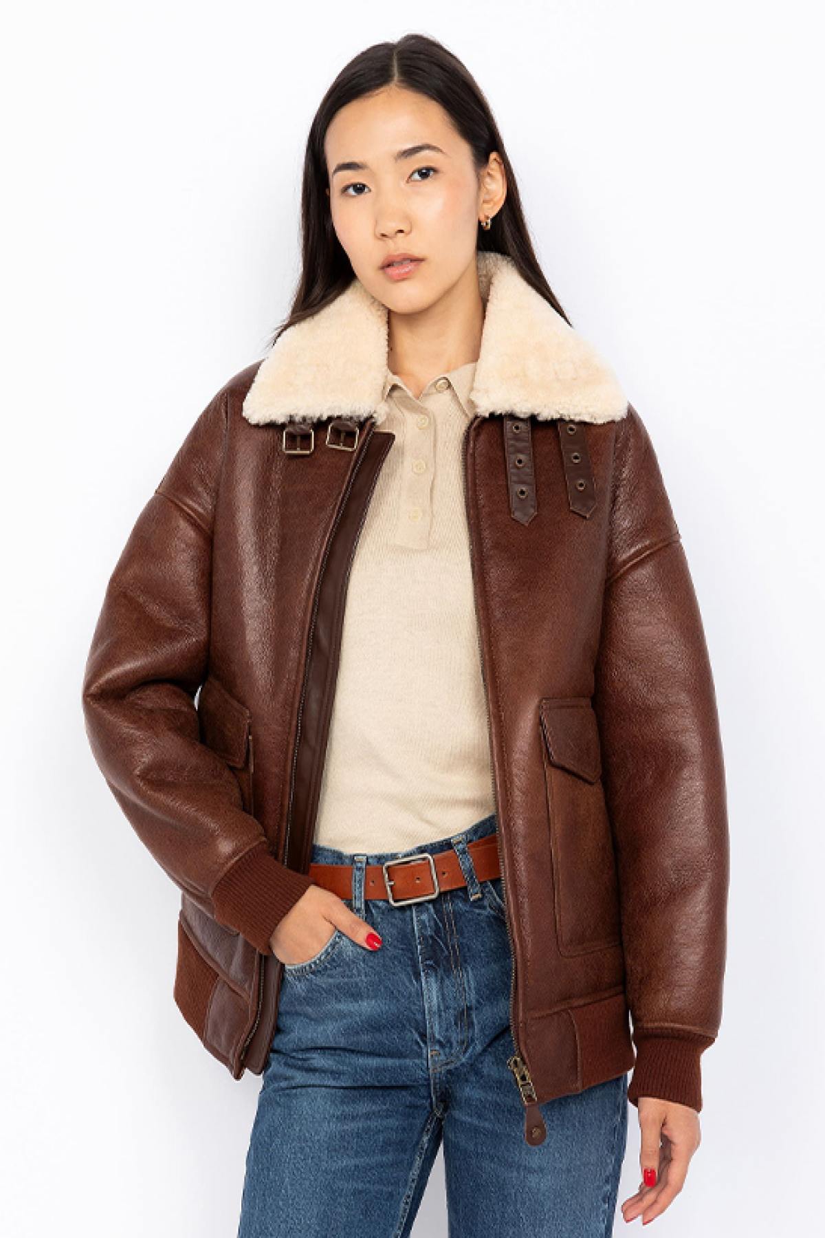 Double-faced sheepskin mocca bomber with ribbed edges - Image n°1