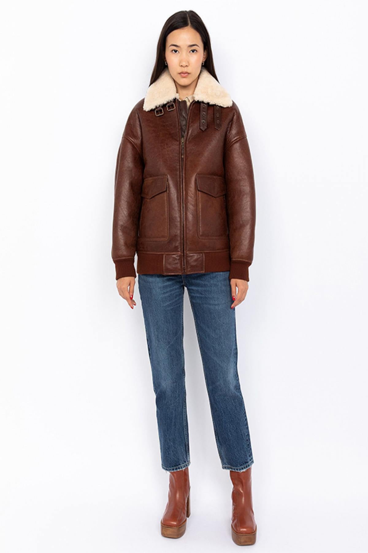 Double-faced sheepskin mocca bomber with ribbed edges - Image n°5