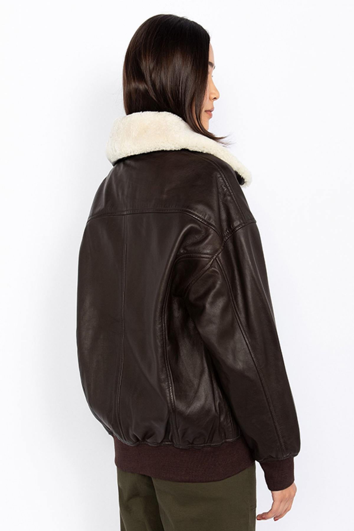 Brown Leather Boyfriend Bomber Jacket - Image n°2