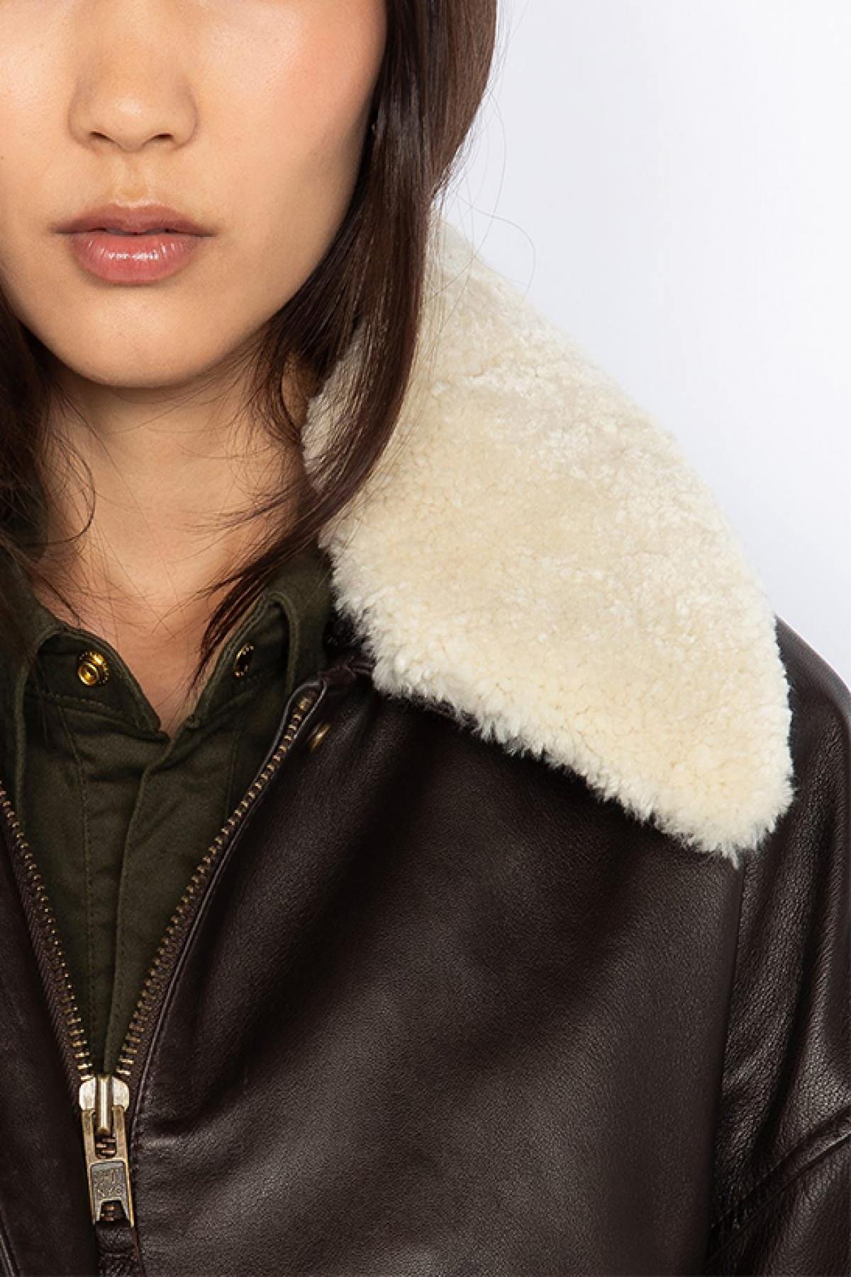 Brown Leather Boyfriend Bomber Jacket - Image n°5