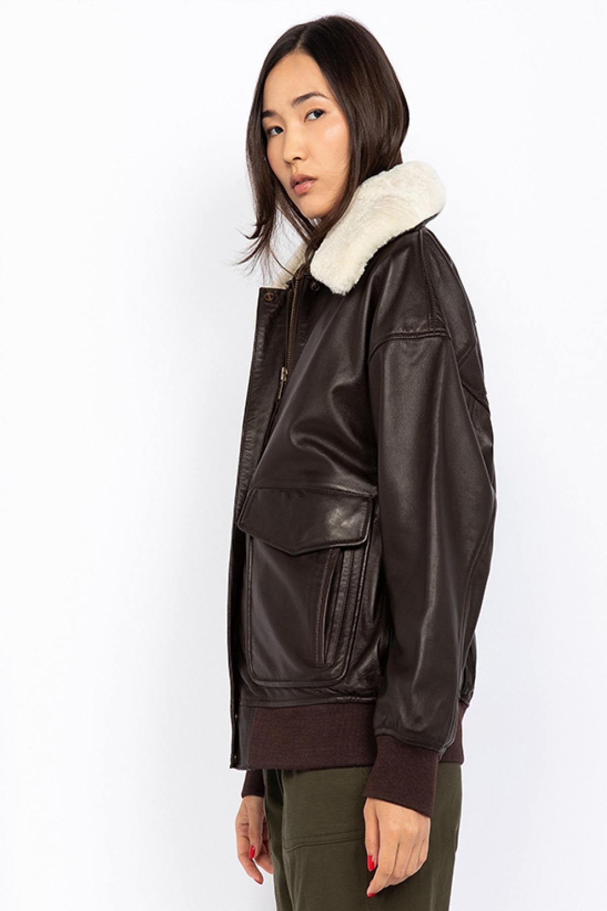 Brown Leather Boyfriend Bomber Jacket - Image n°6