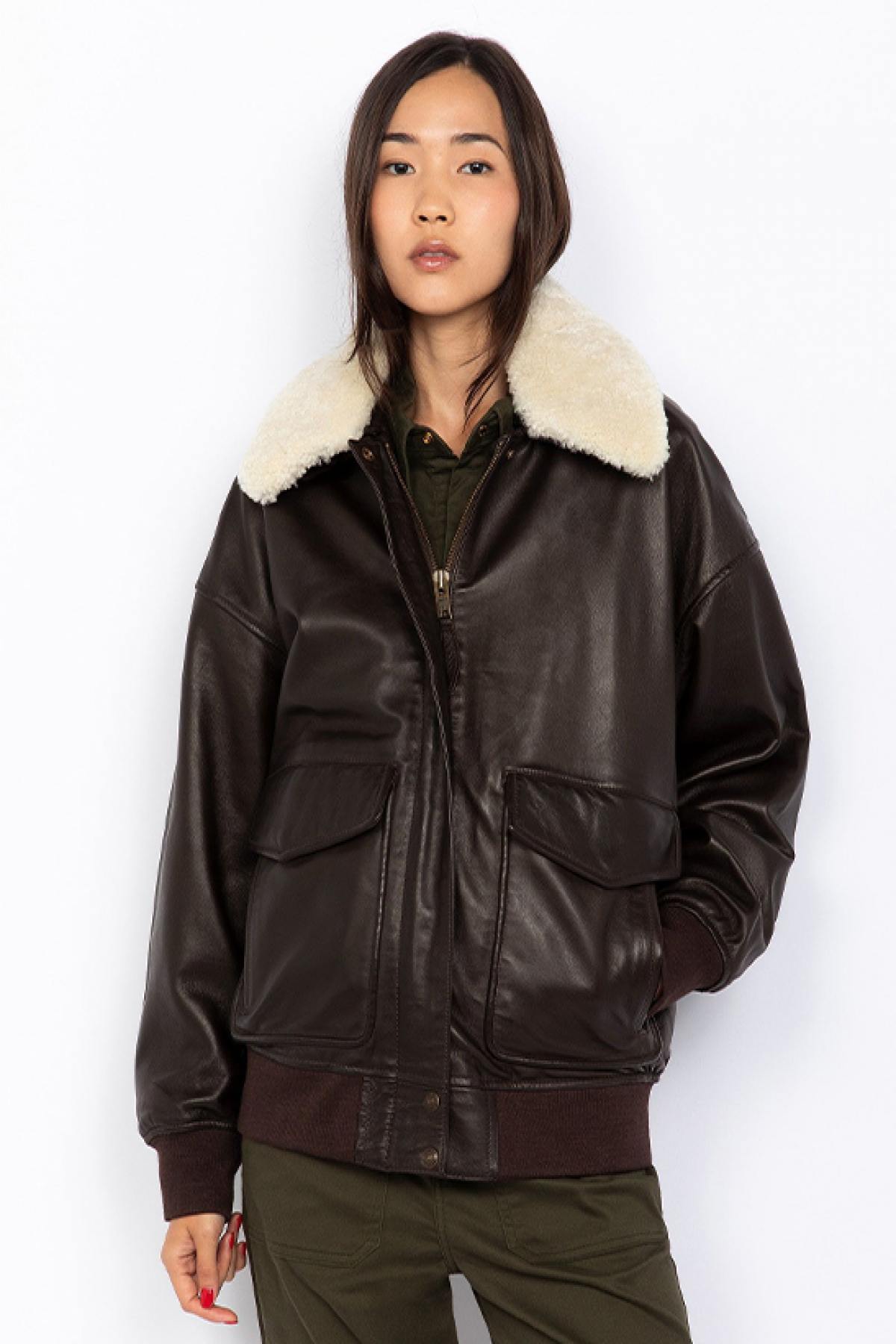 Brown Leather Boyfriend Bomber Jacket - Image n°5