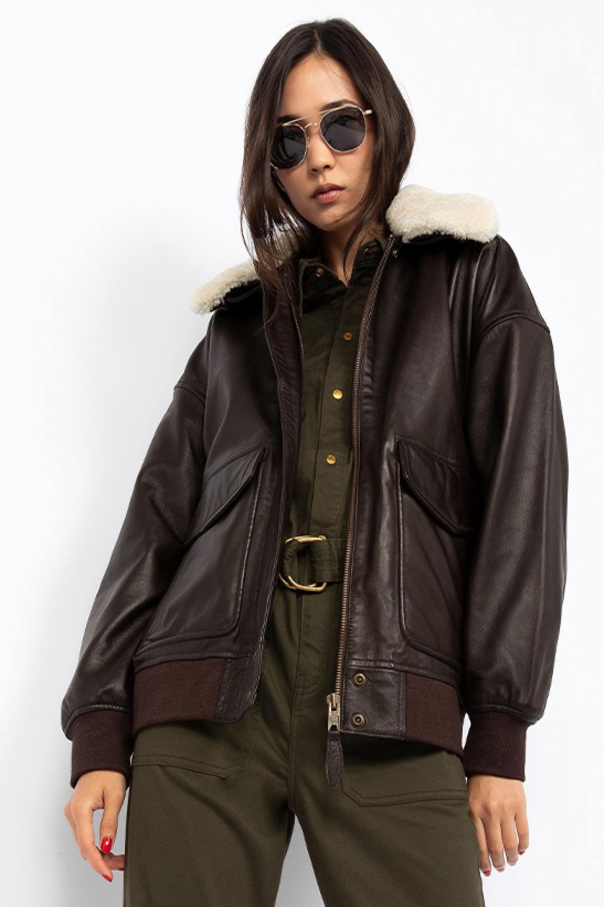 Brown Leather Boyfriend Bomber Jacket - Image n°1