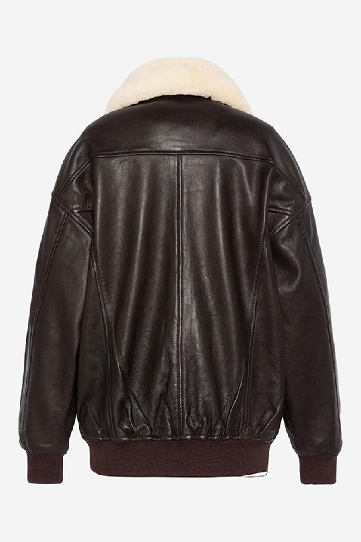 Brown Leather Boyfriend Bomber Jacket - Image n°9