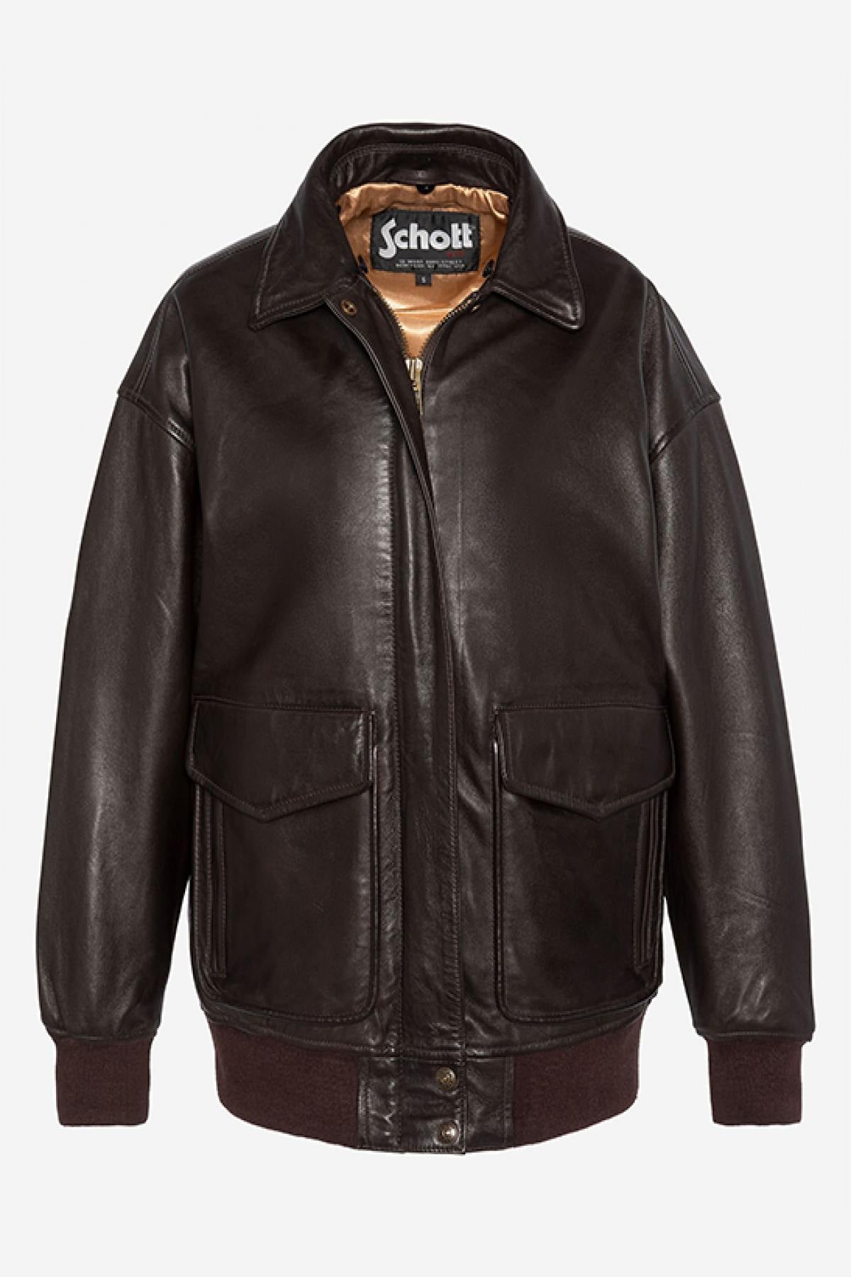 Brown Leather Boyfriend Bomber Jacket - Image n°9