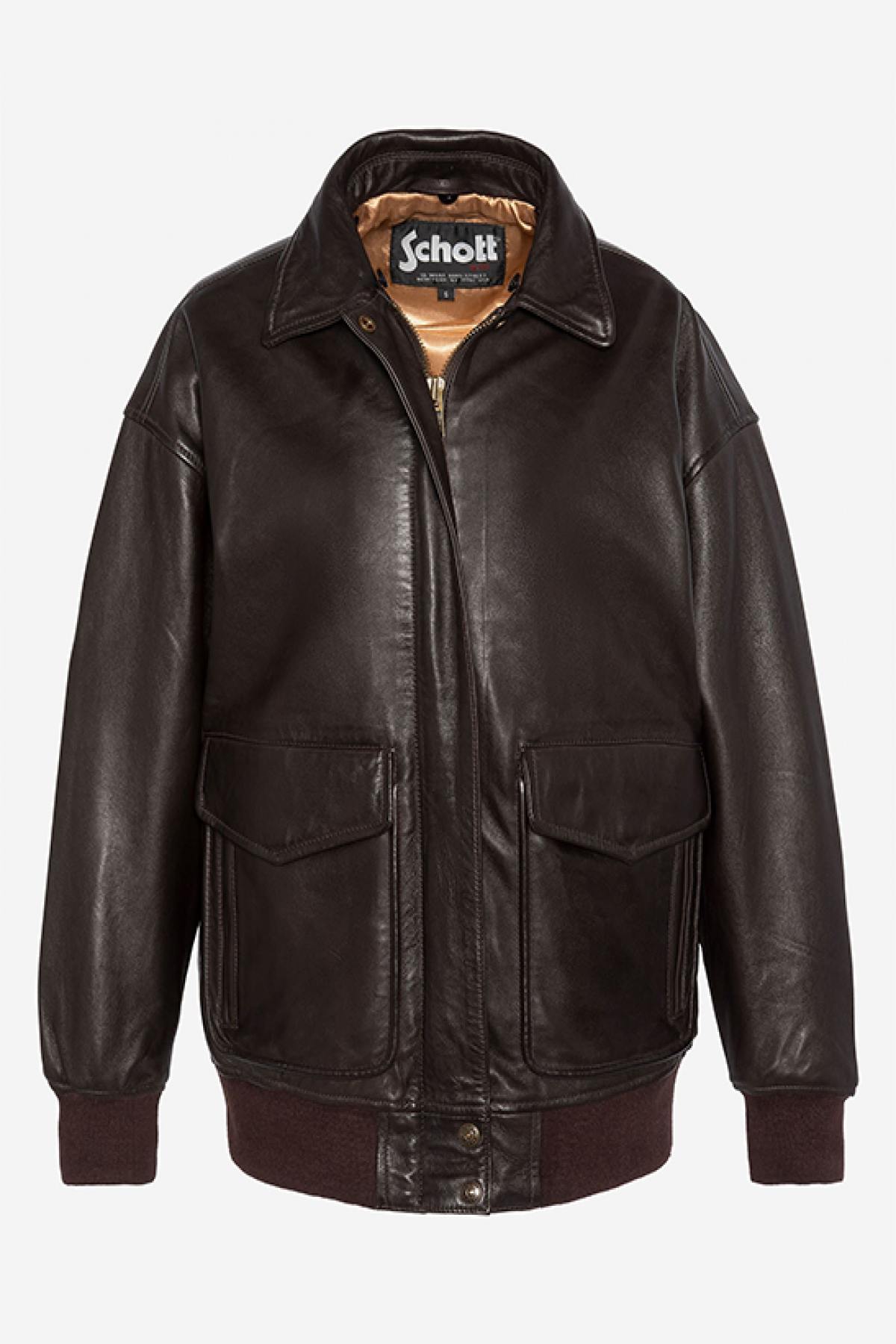 Brown Leather Boyfriend Bomber Jacket - Image n°8