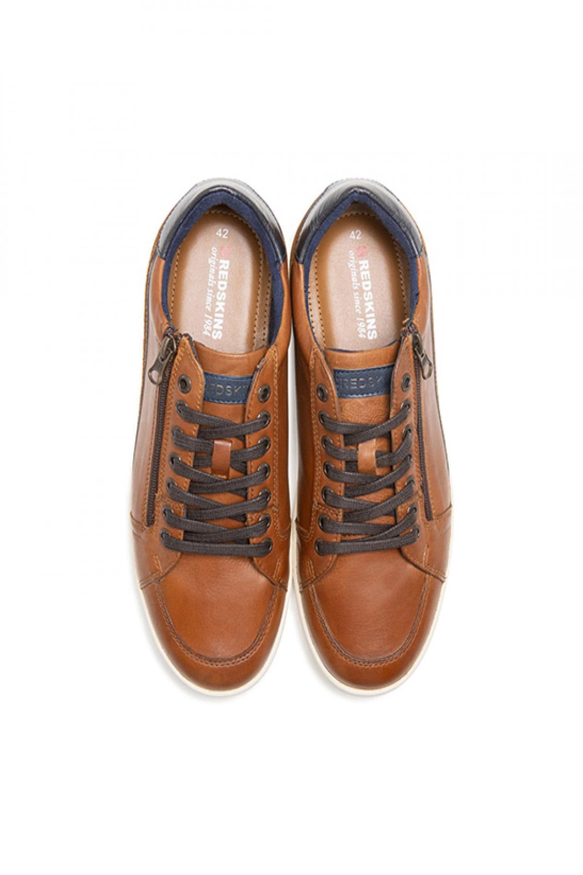 Cognac and navy leather lace-up sneakers - Image n°3