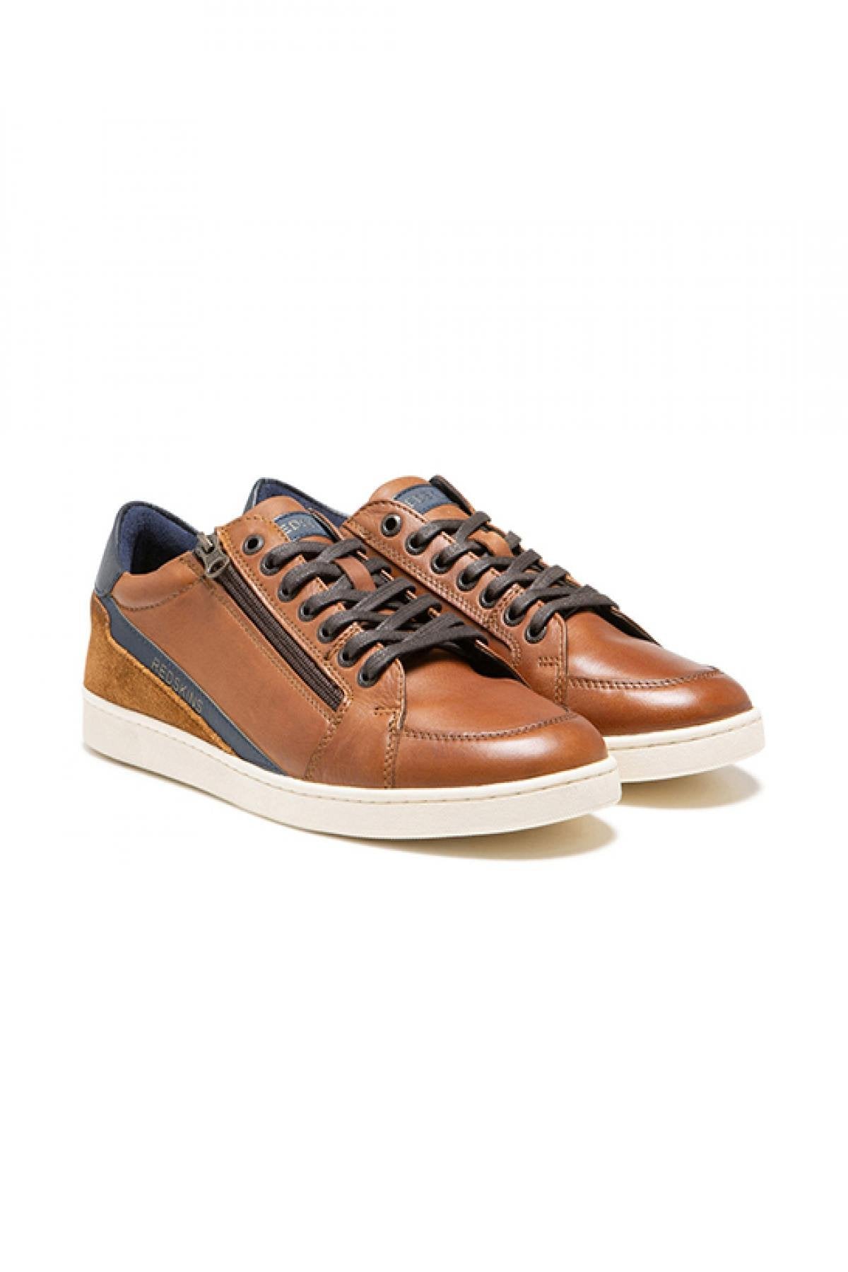 Cognac and navy leather lace-up sneakers - Image n°1