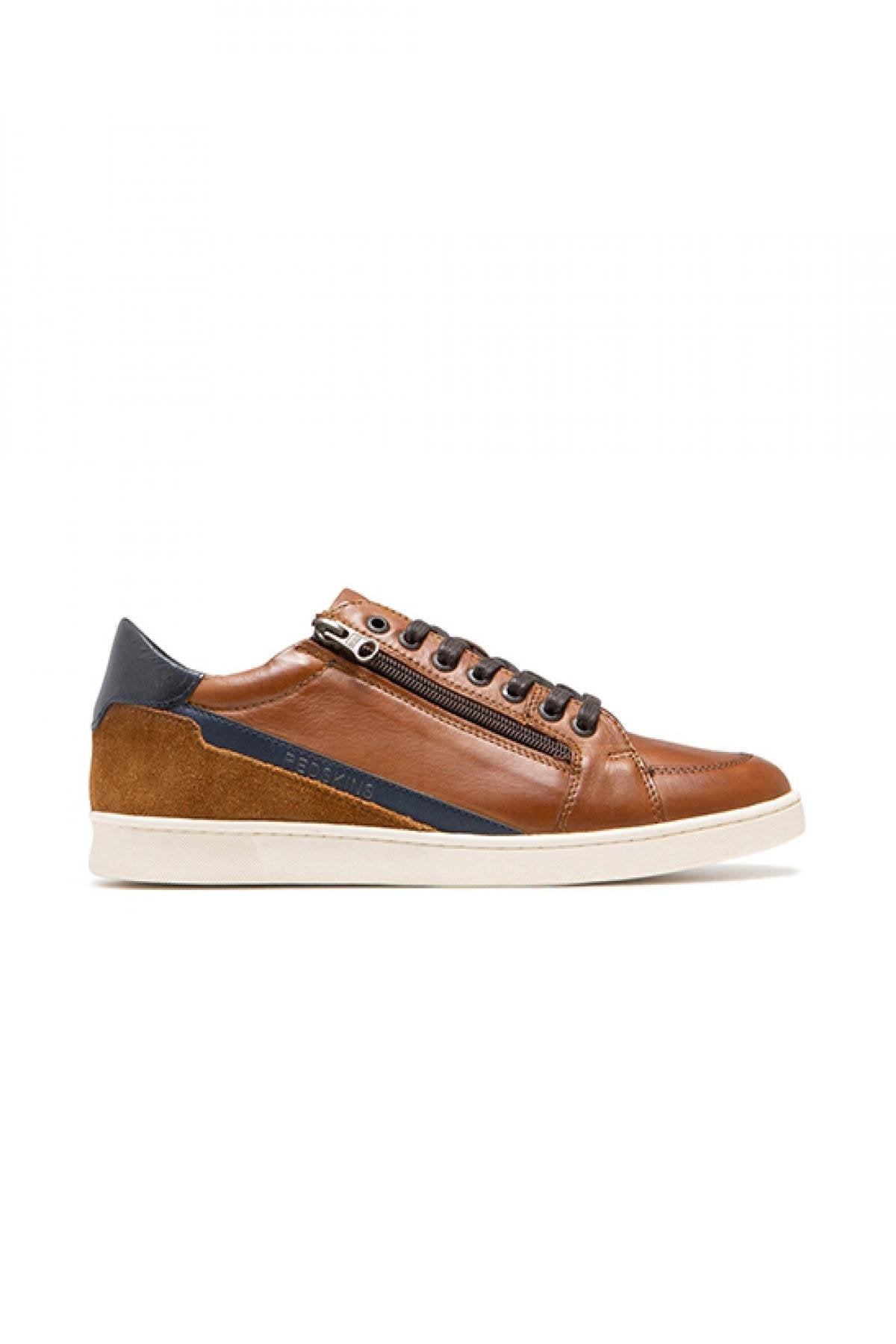 Cognac and navy leather lace-up sneakers - Image n°2