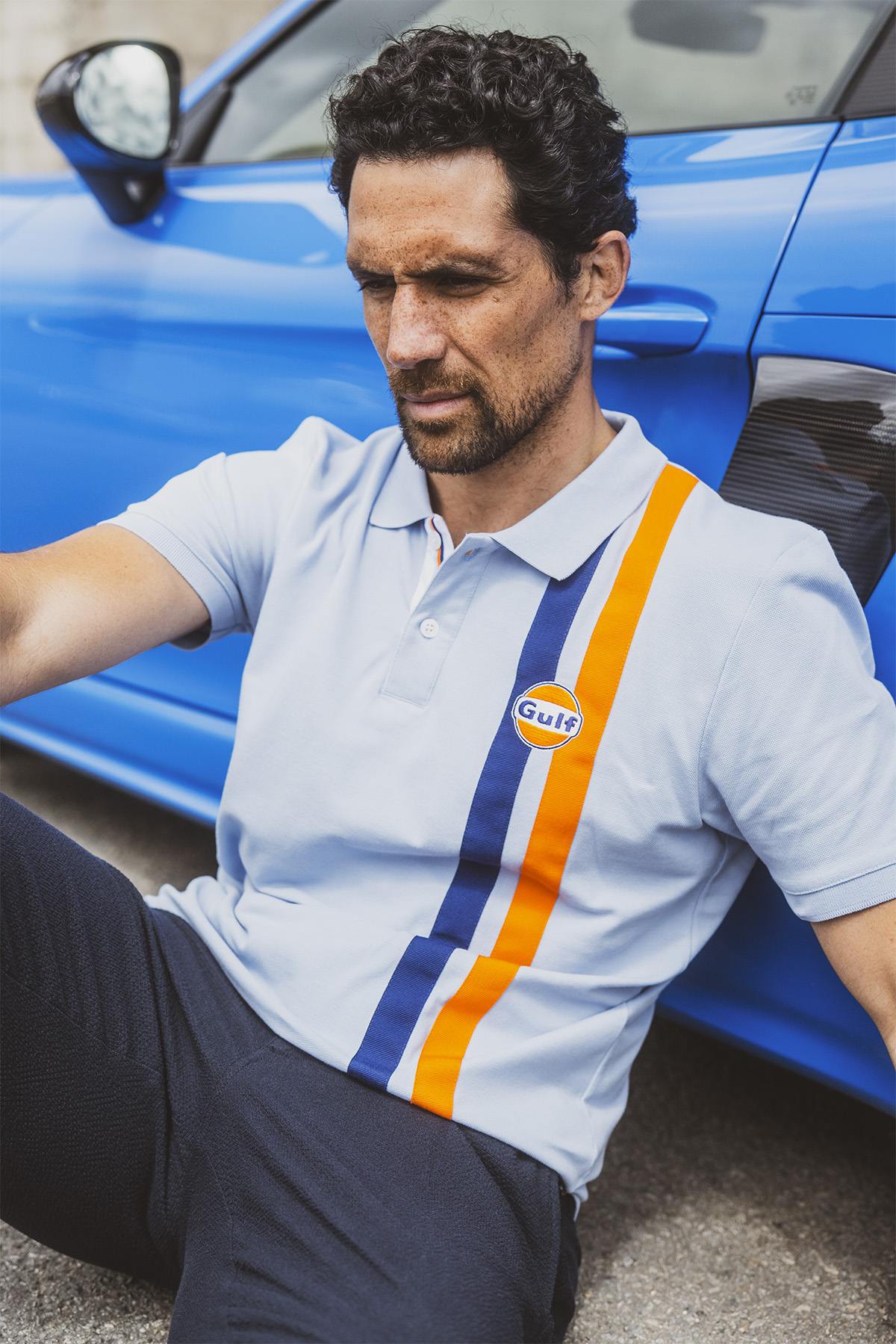 Light blue cotton racing style polo shirt - Image n°1